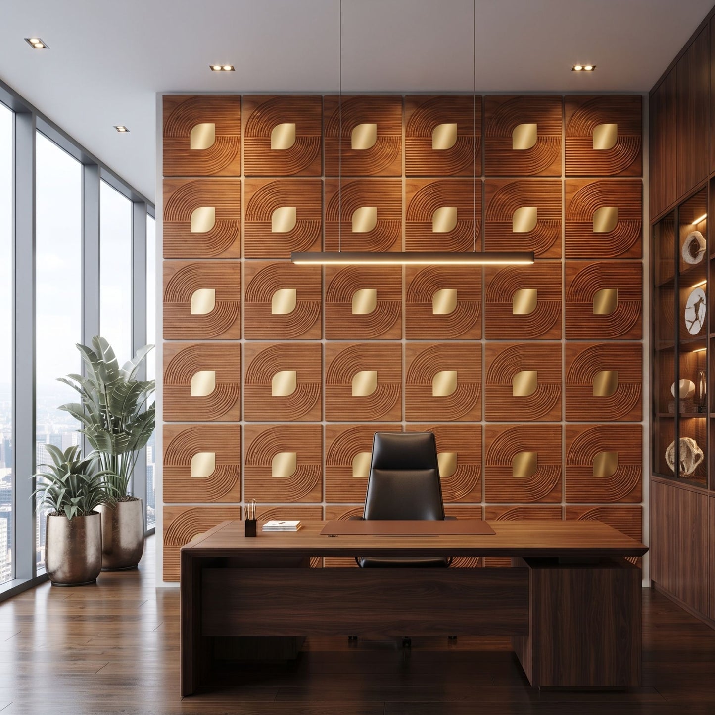 Teak Wood - Gold Self Adhesive PVC wall Panels Curve Line Design

