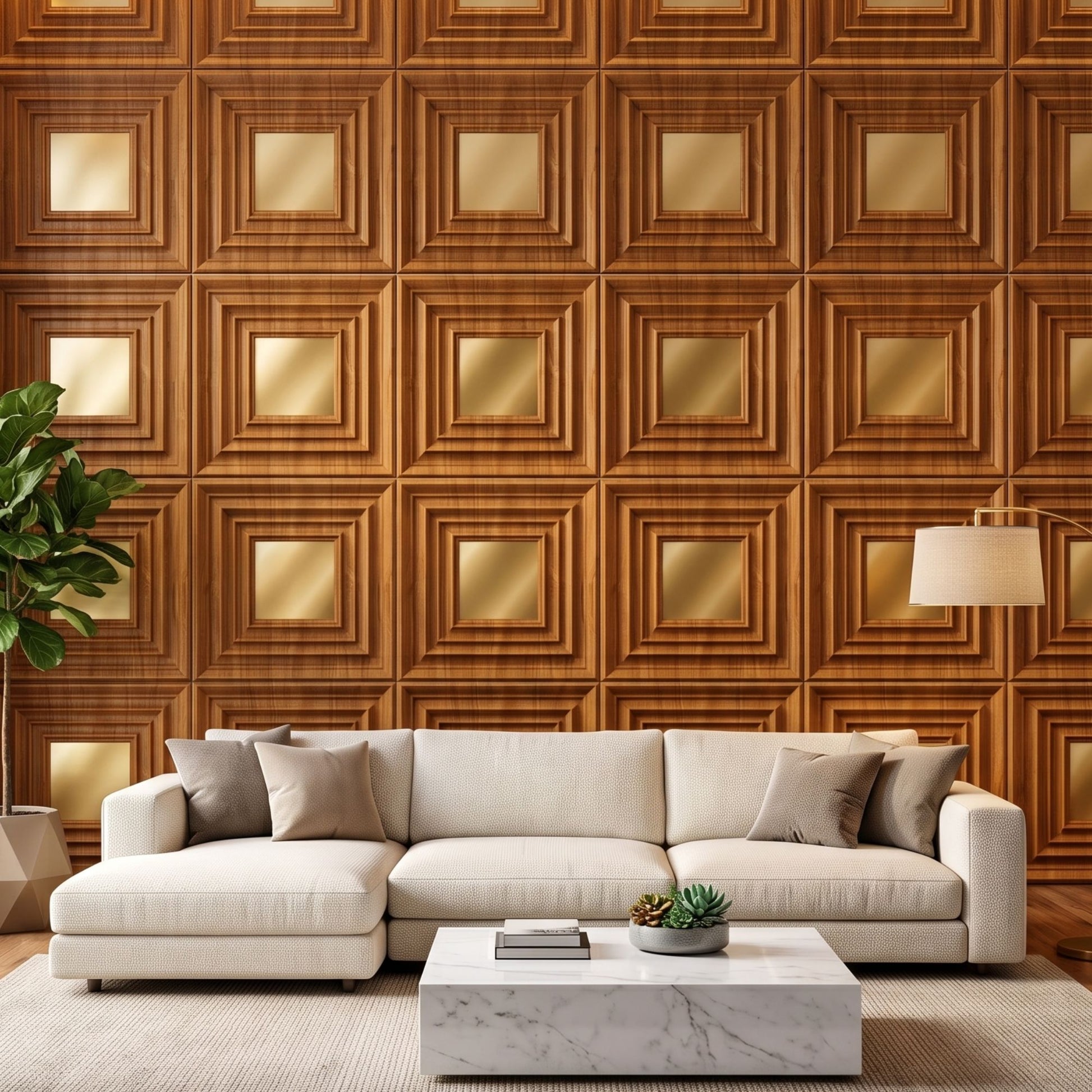 Teak Wood Gold Accent Design Acrylic 3D Wall Panel-1