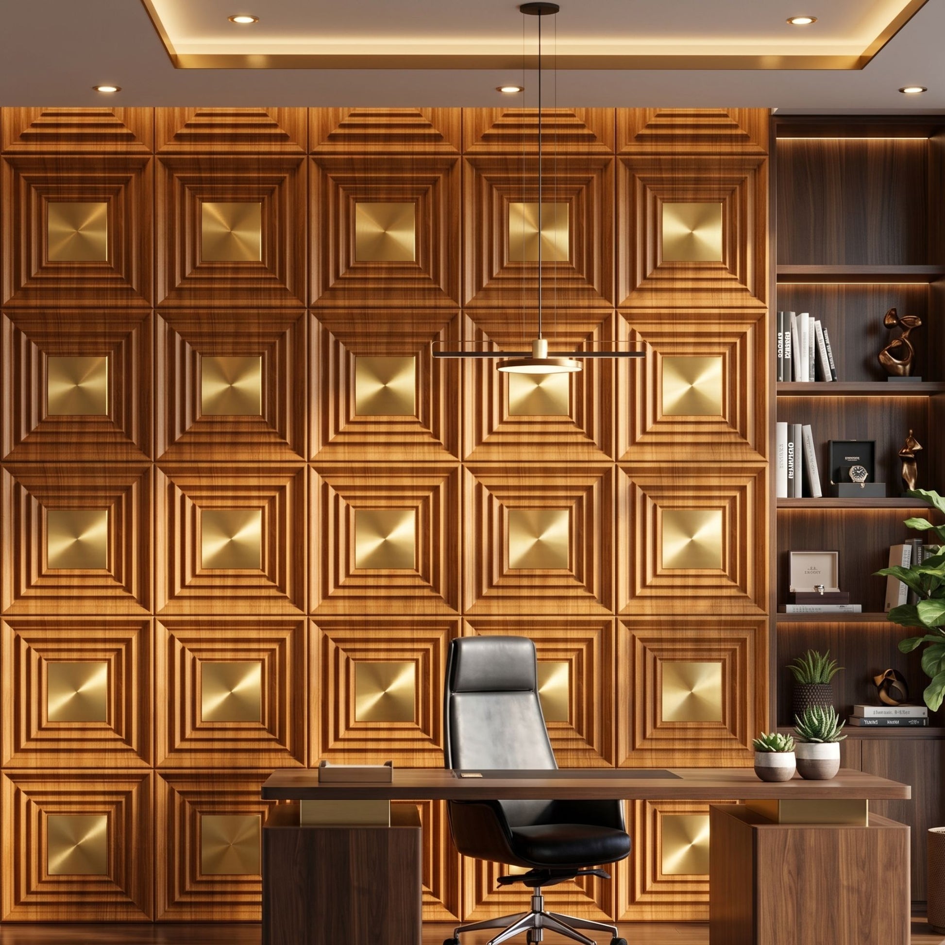 Teak Wood Gold Accent Design Acrylic 3D Wall Panel-2