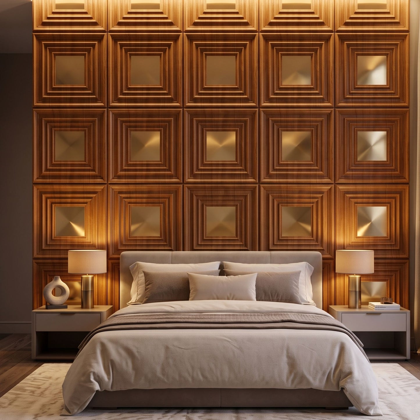 Teak Wood Gold Accent Design Acrylic 3D Wall Panel-3