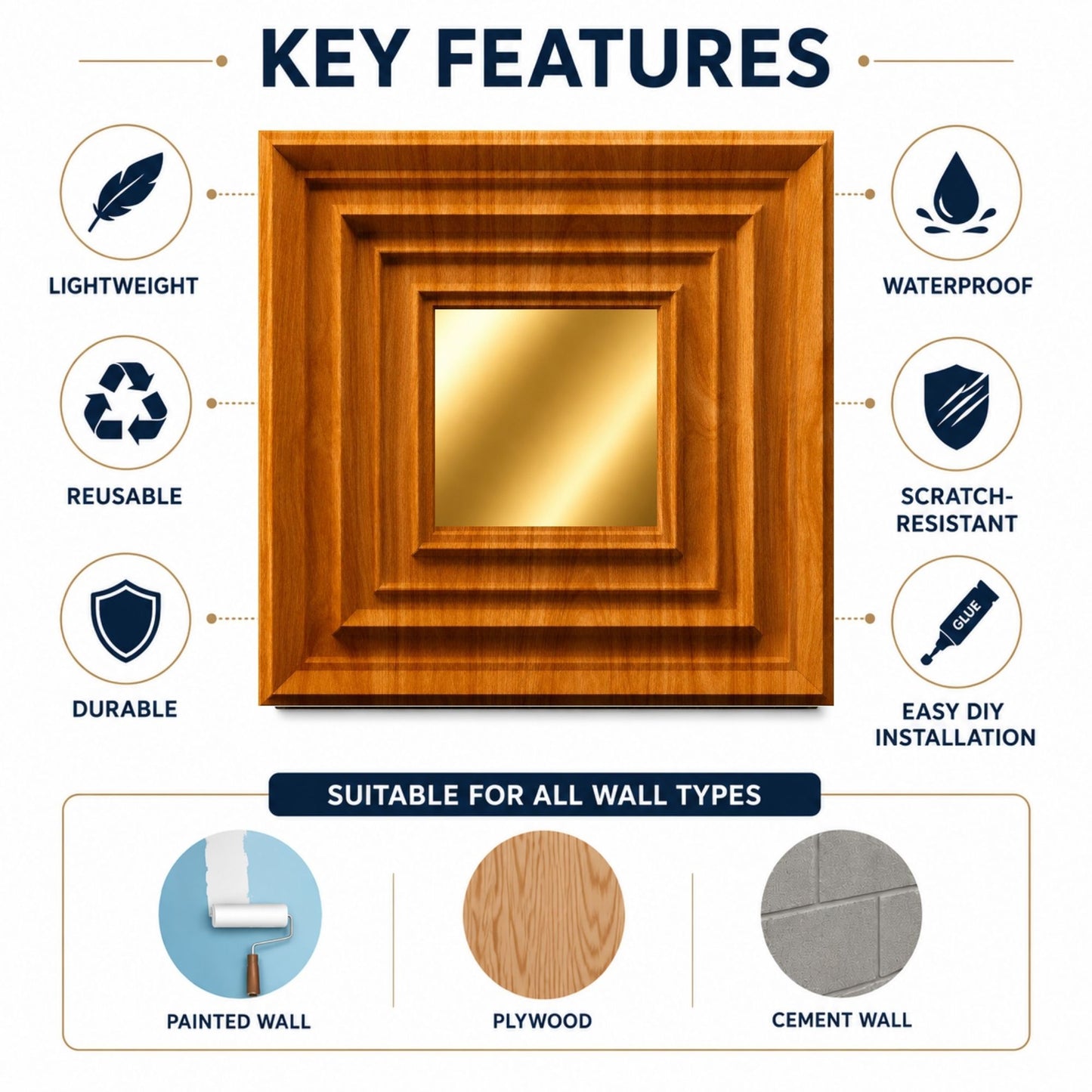 Teak Wood Gold Accent Design Acrylic 3D Wall Panel-4