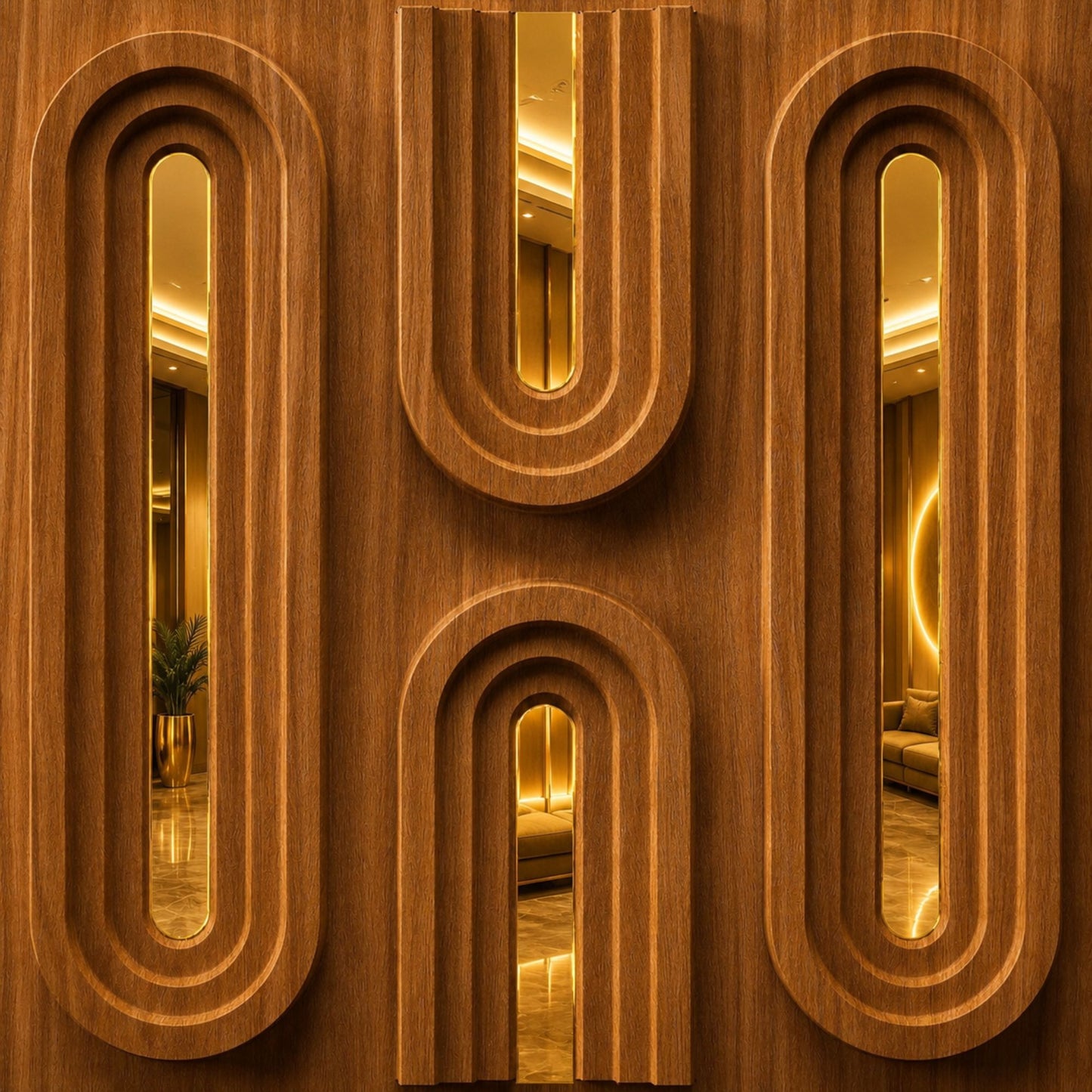 Teak Wood Gold Acrylic Loops Design 3D Wall Panel