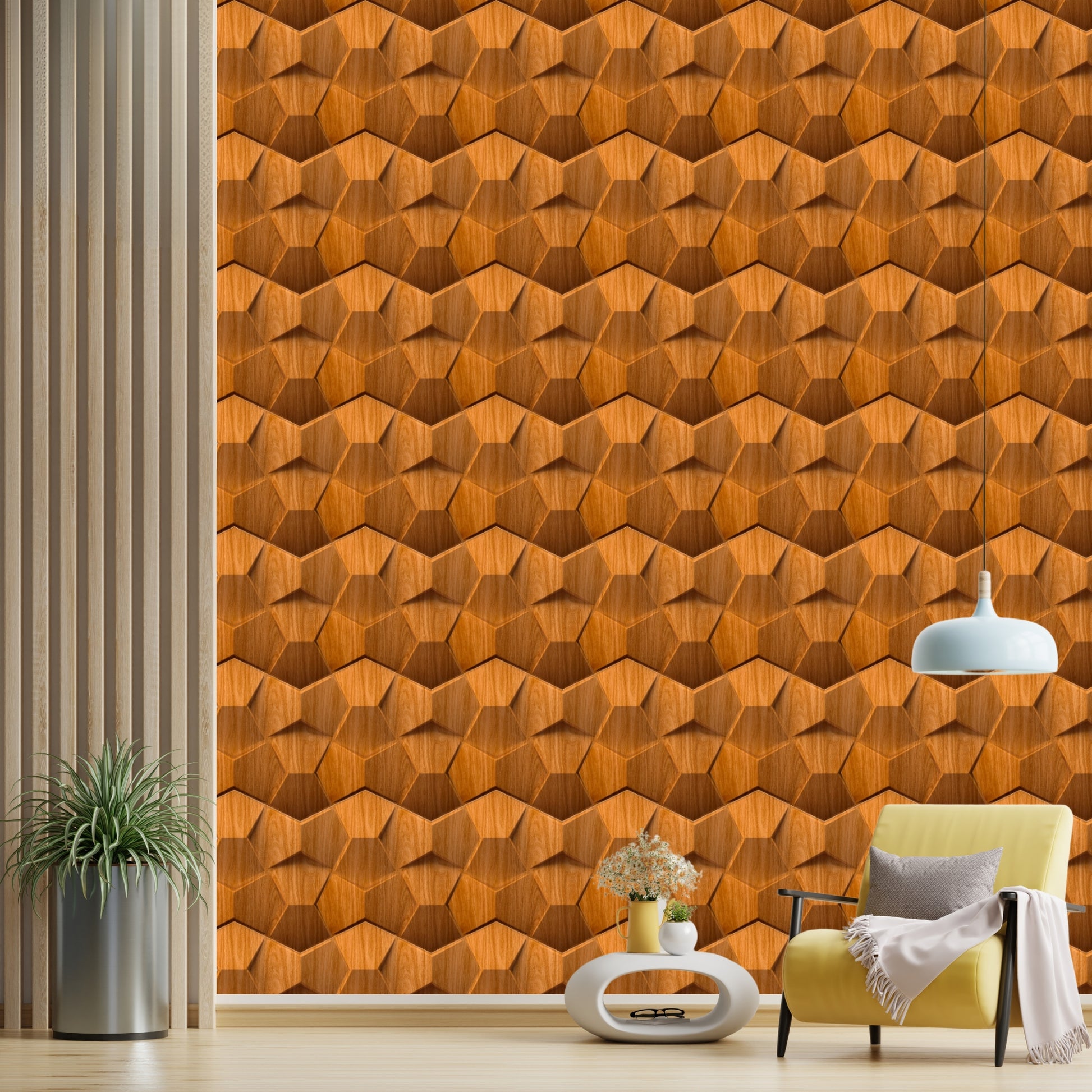 Teak Wood 3D Wall Panels Hexa quarter Design