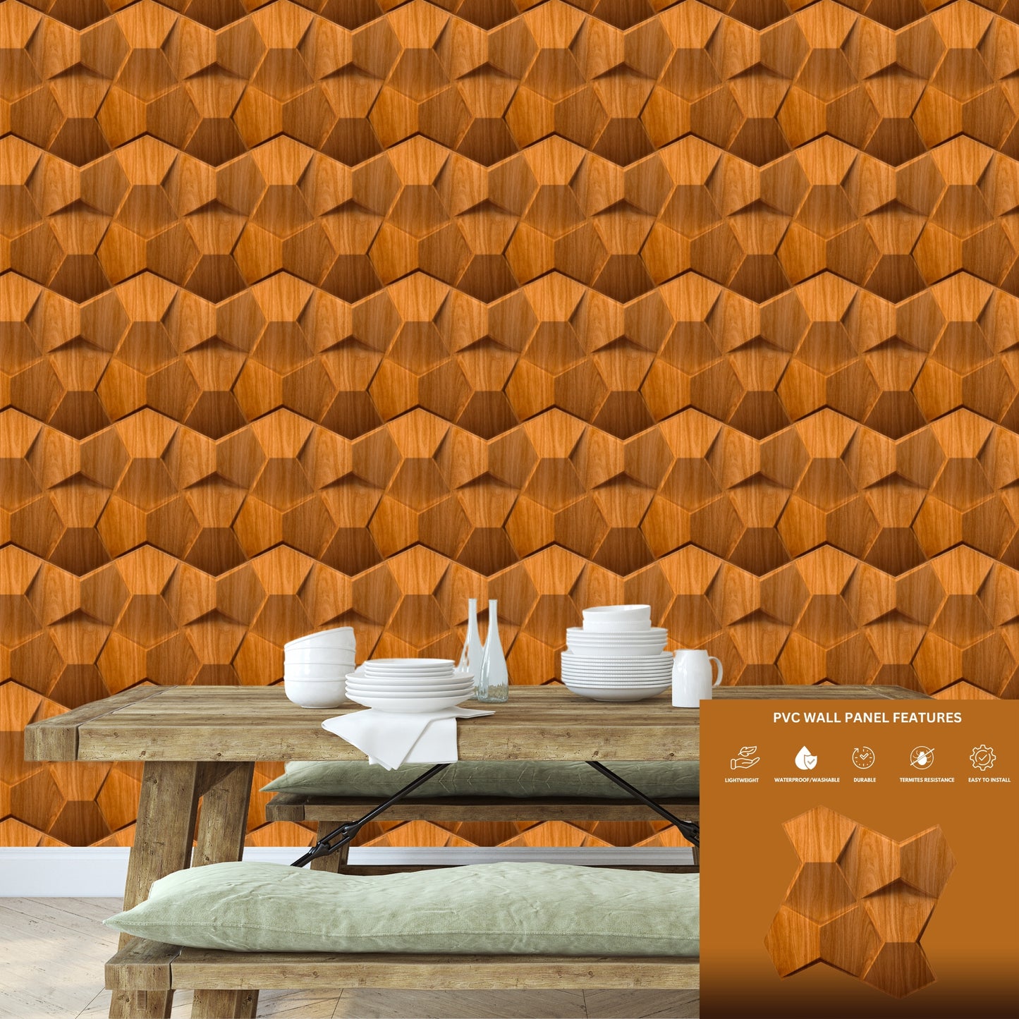 Teak Wood 3D Wall Panels Hexa quarter Design