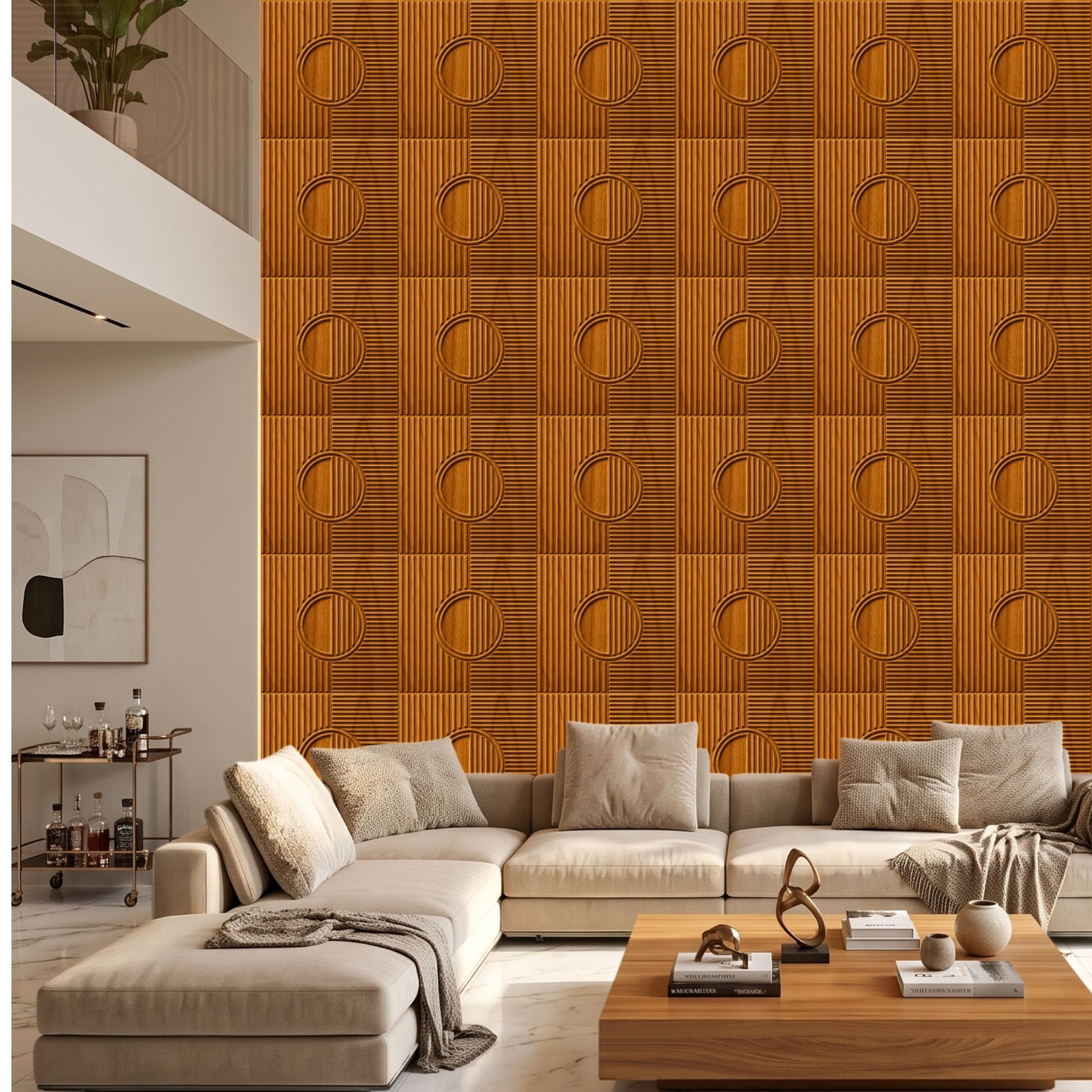 Teak Wood Self Adhesive PVC wall Panels Fluted Circle Design
