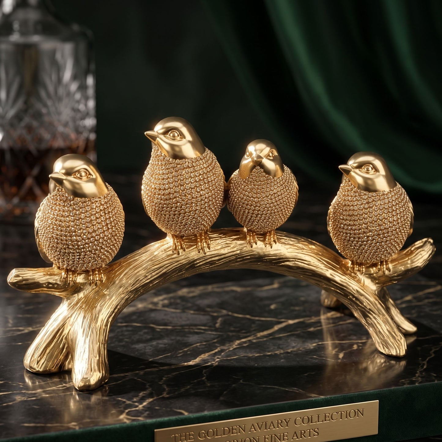 Textured metallic gold sculpture of four birds perched on a curved branch for tabletop decor.