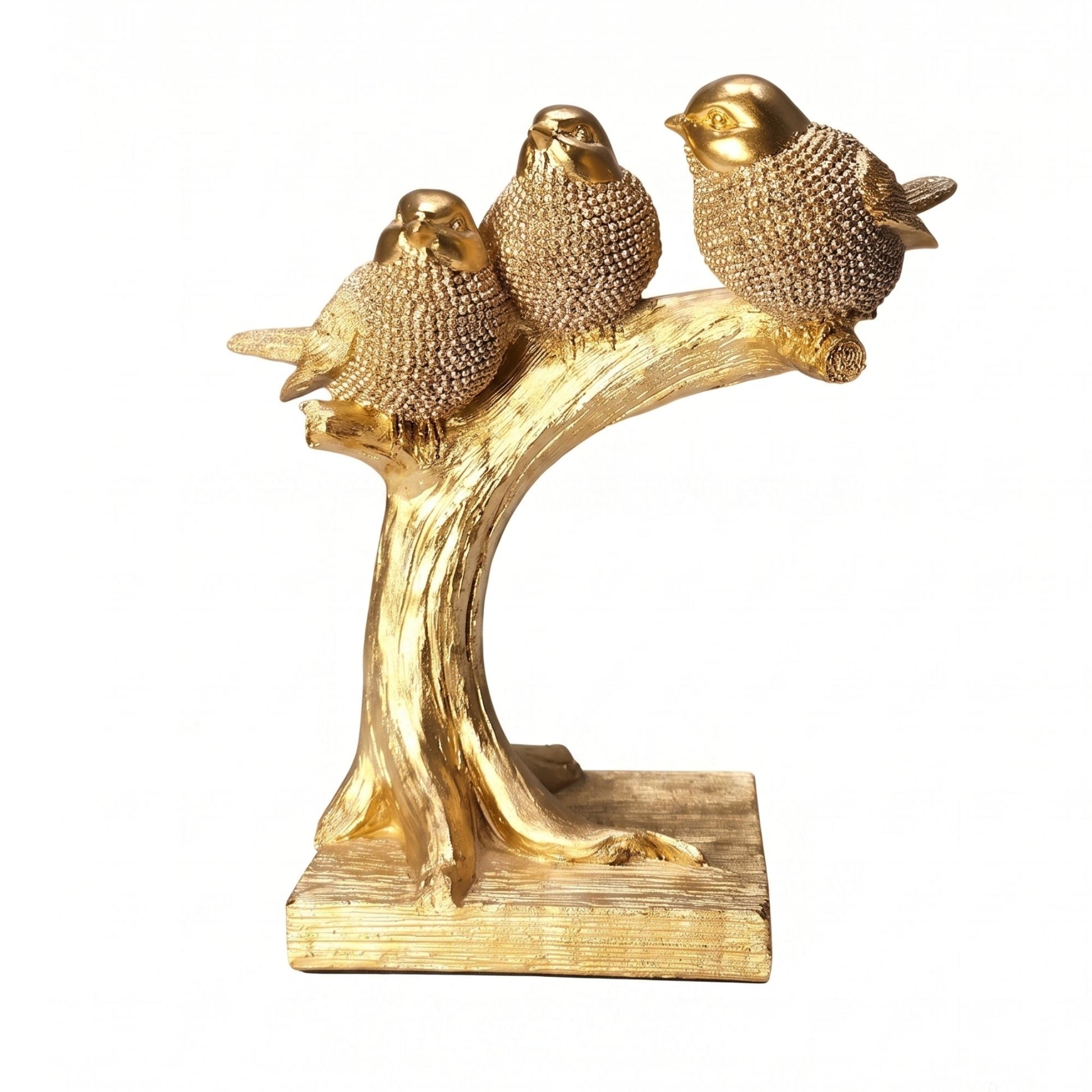 Textured metallic gold sculpture of three birds perched on a curved tree branch atop a square base for tabletop decor.