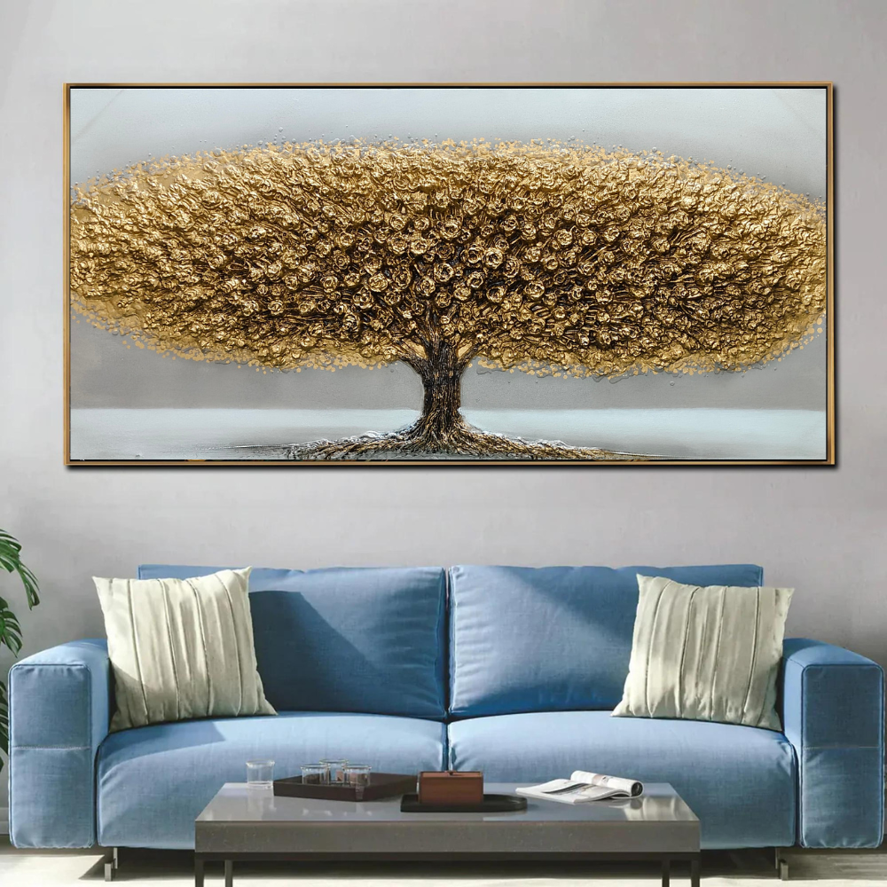 Handmade Embossed Canvas Art Painting With Wooden Frame for Wall Decor, Large Golden Tree Art, Size - 61 X 122 Cm