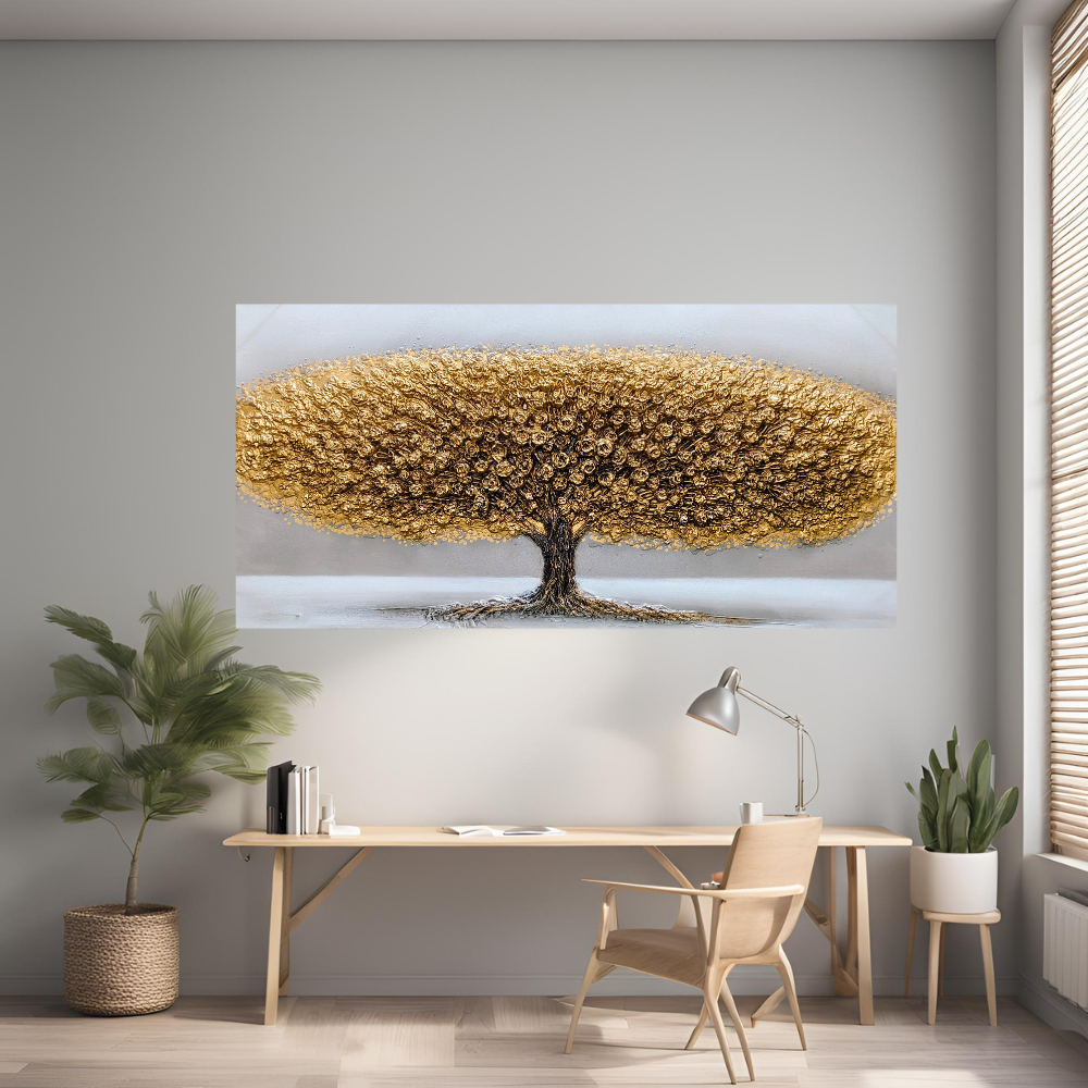 Handmade Embossed Canvas Art Painting With Wooden Frame for Wall Decor, Large Golden Tree Art, Size - 61 X 122 Cm