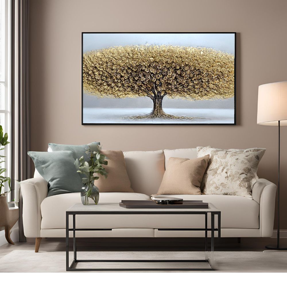 Handmade Embossed Canvas Art Painting With Wooden Frame for Wall Decor, Large Golden Tree Art, Size - 61 X 122 Cm