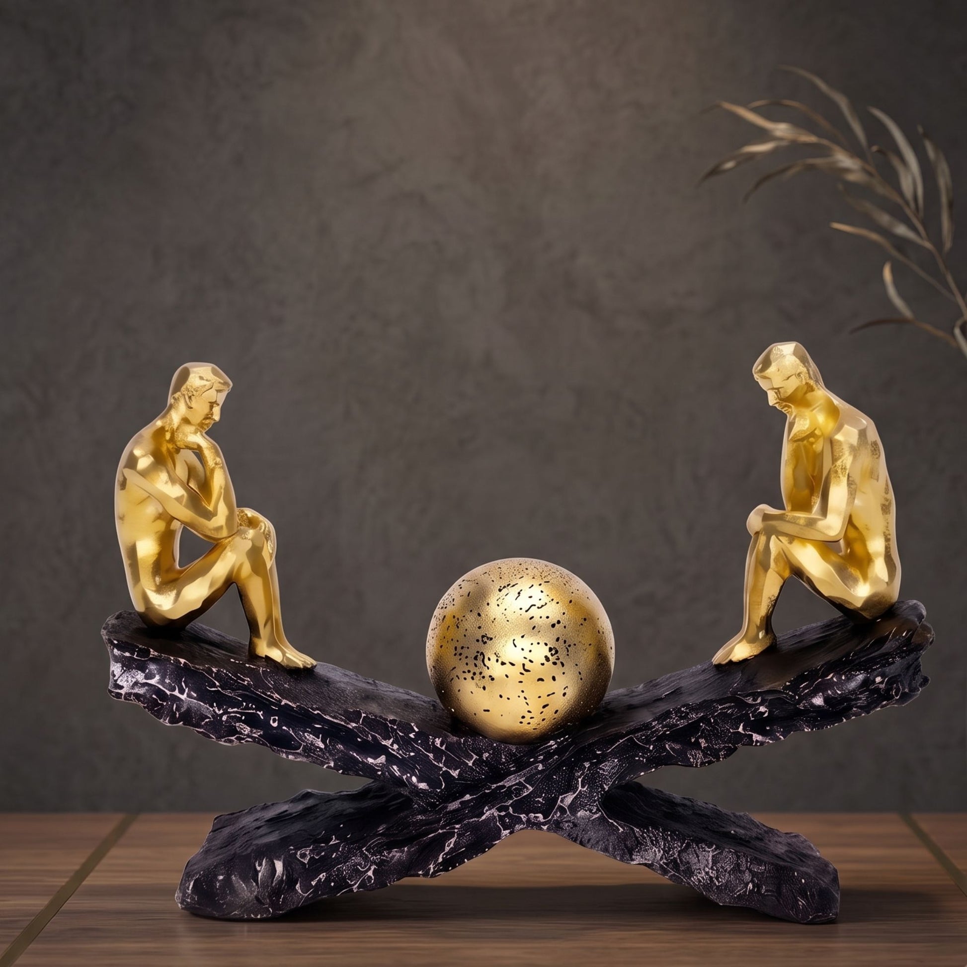 Two golden male thinker figures sitting on opposite ends of a textured black crossed base with a textured gold sphere in the center.