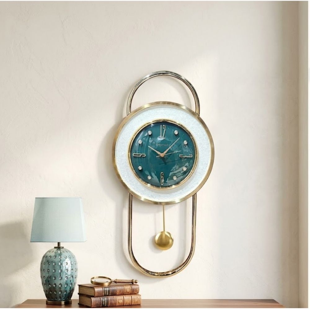 Modern Luxury Wooden Finish Wall Clock with Black Deer Figurine Crest & Wire Cage Pendulum for Bedroom & Living Room Decor (Copy)