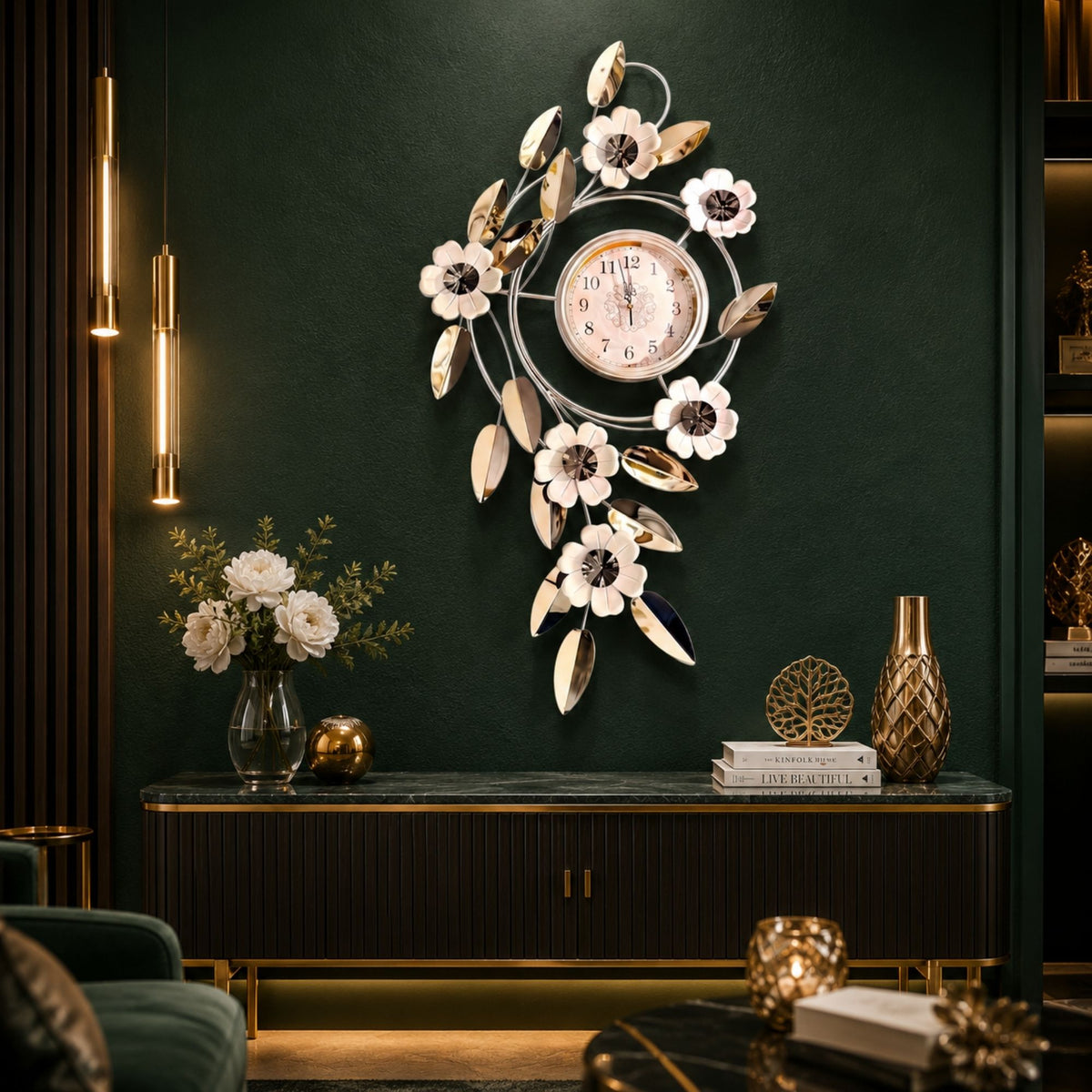 Vertical metal wall clock featuring white flower petals, metallic gold leaves, and a central round dial.