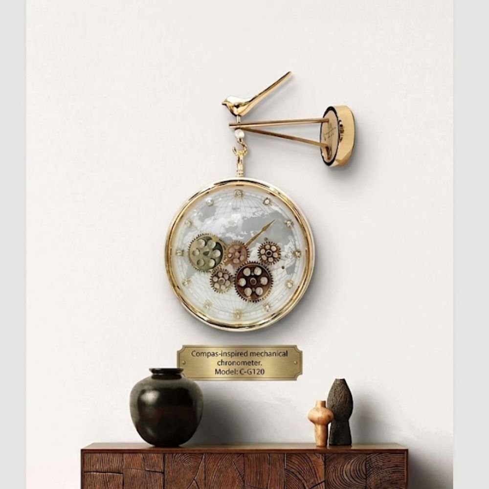Vintage Golden Bird Bracket Hanging Station Wall Clock with World Map & Moving Gear Mechanism for Home Decor
