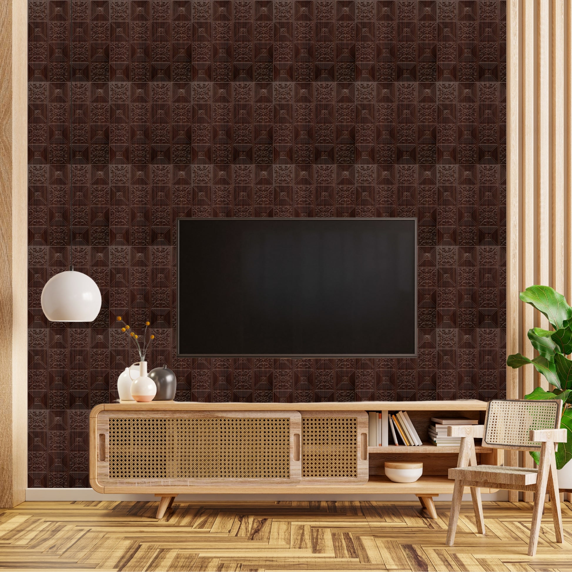 Walnut Wood Self Adhesive Wall Panels Flower Design