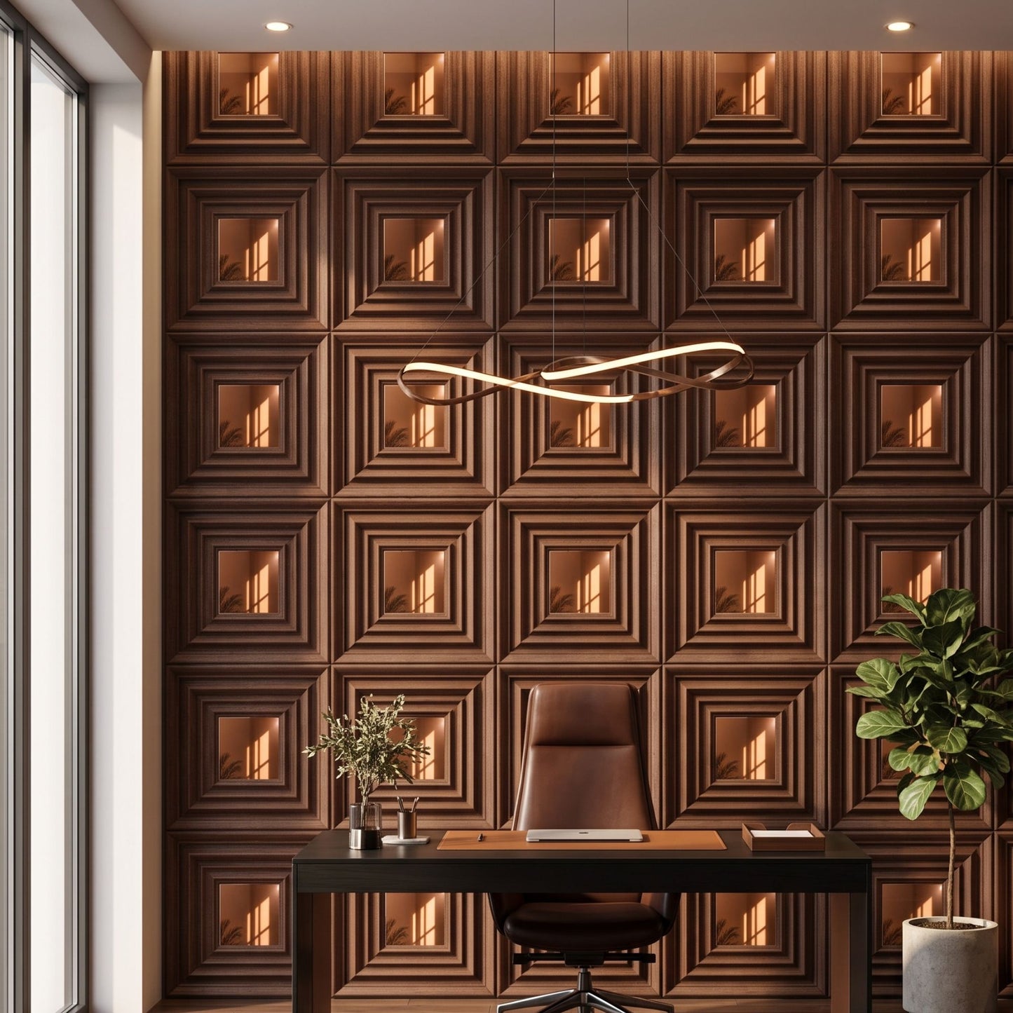 Walnut Wood Copper Accent Design Acrylic 3D Wall Panel-2