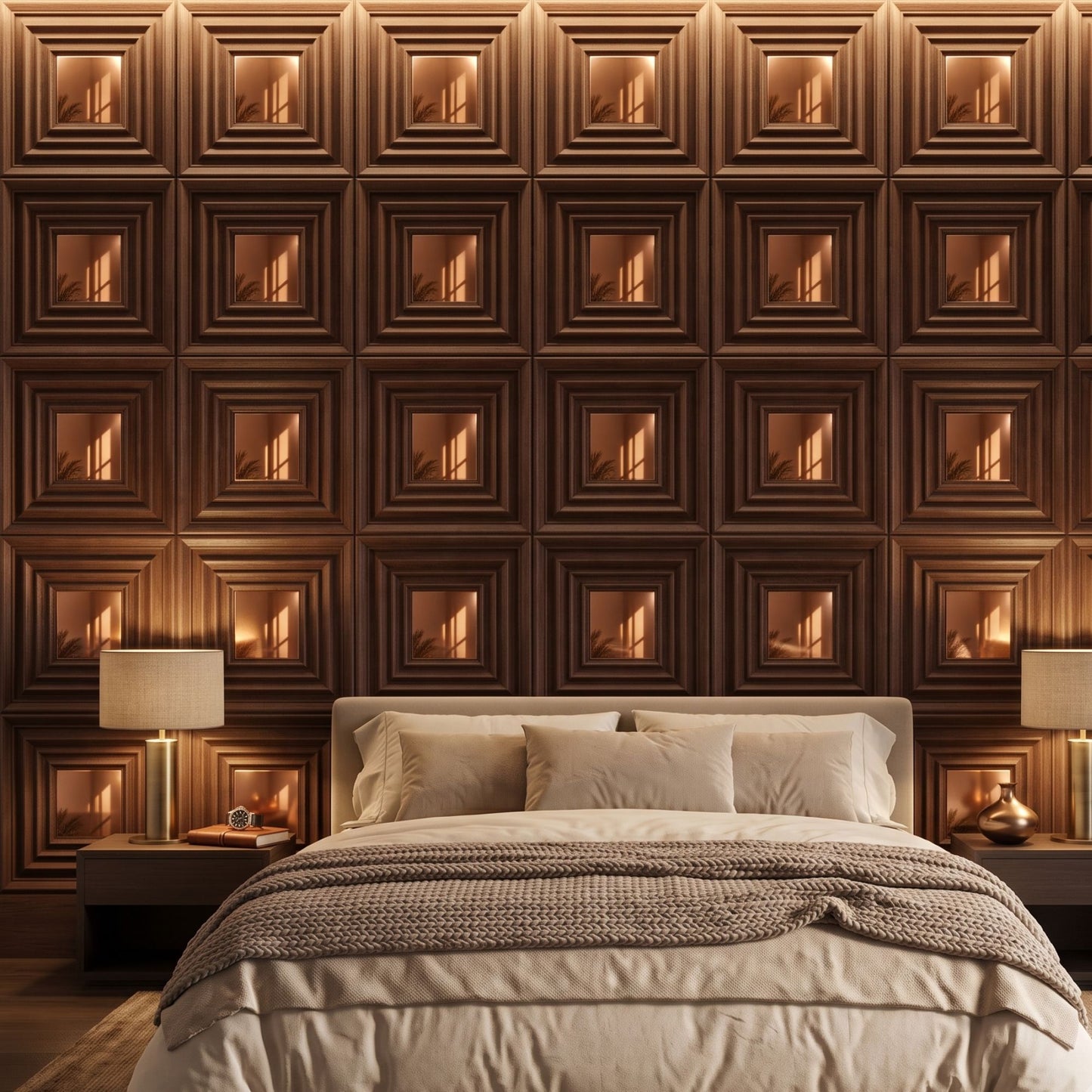 Walnut Wood Copper Accent Design Acrylic 3D Wall Panel-3