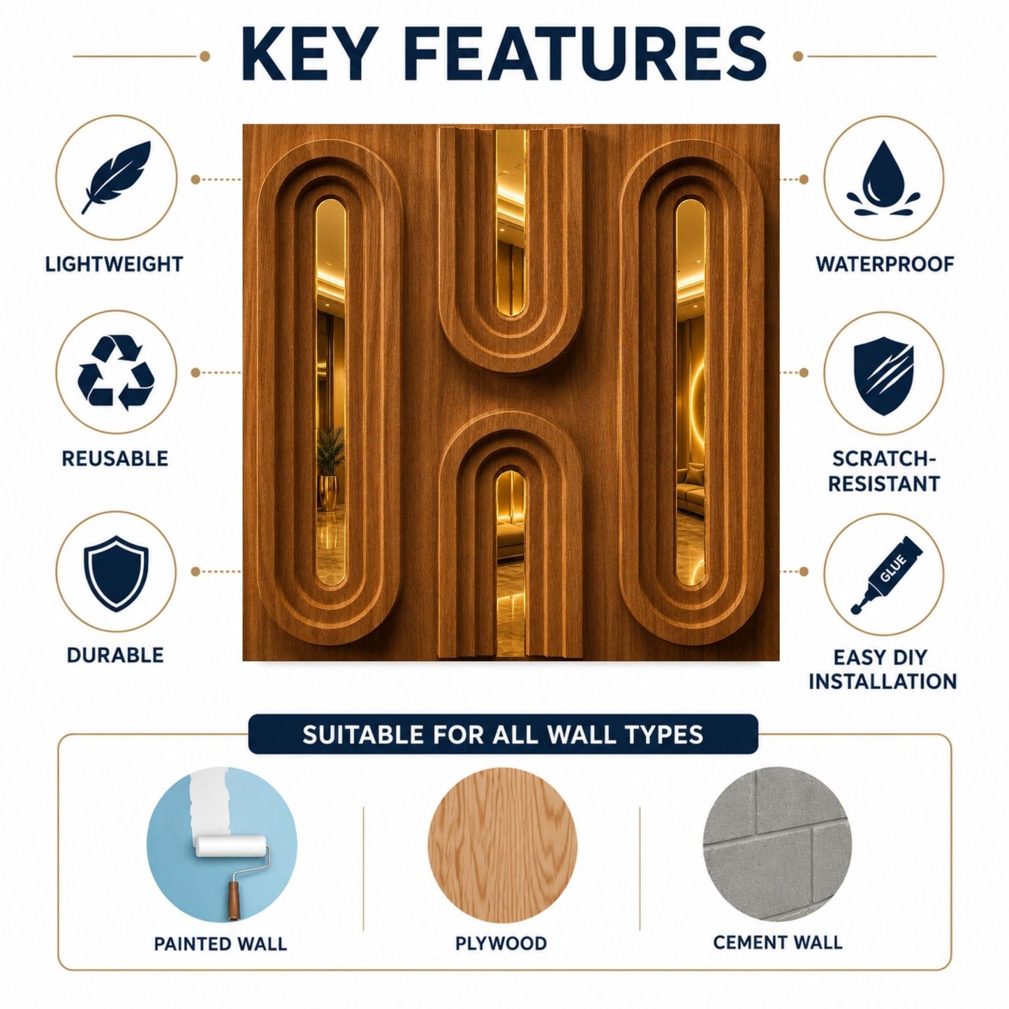 Walnut Wood Copper Acrylic Loops Design 3D Wall Panel-11