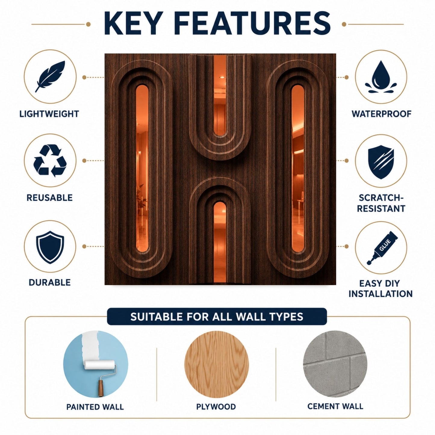 Walnut Wood Copper Acrylic Loops Design 3D Wall Panel-5