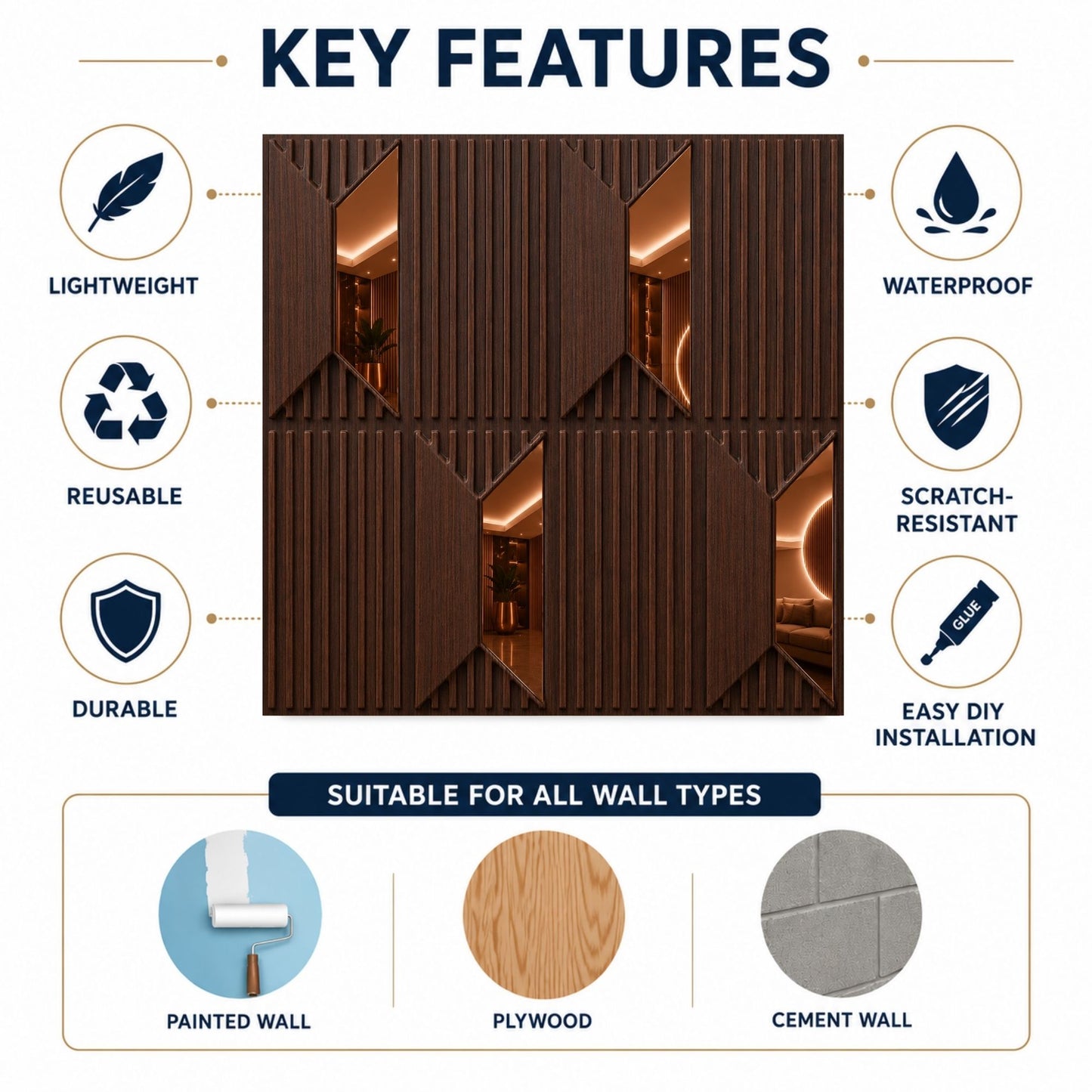 Walnut Wood Copper Artisan Design Acrylic 3D Wall Panel-4