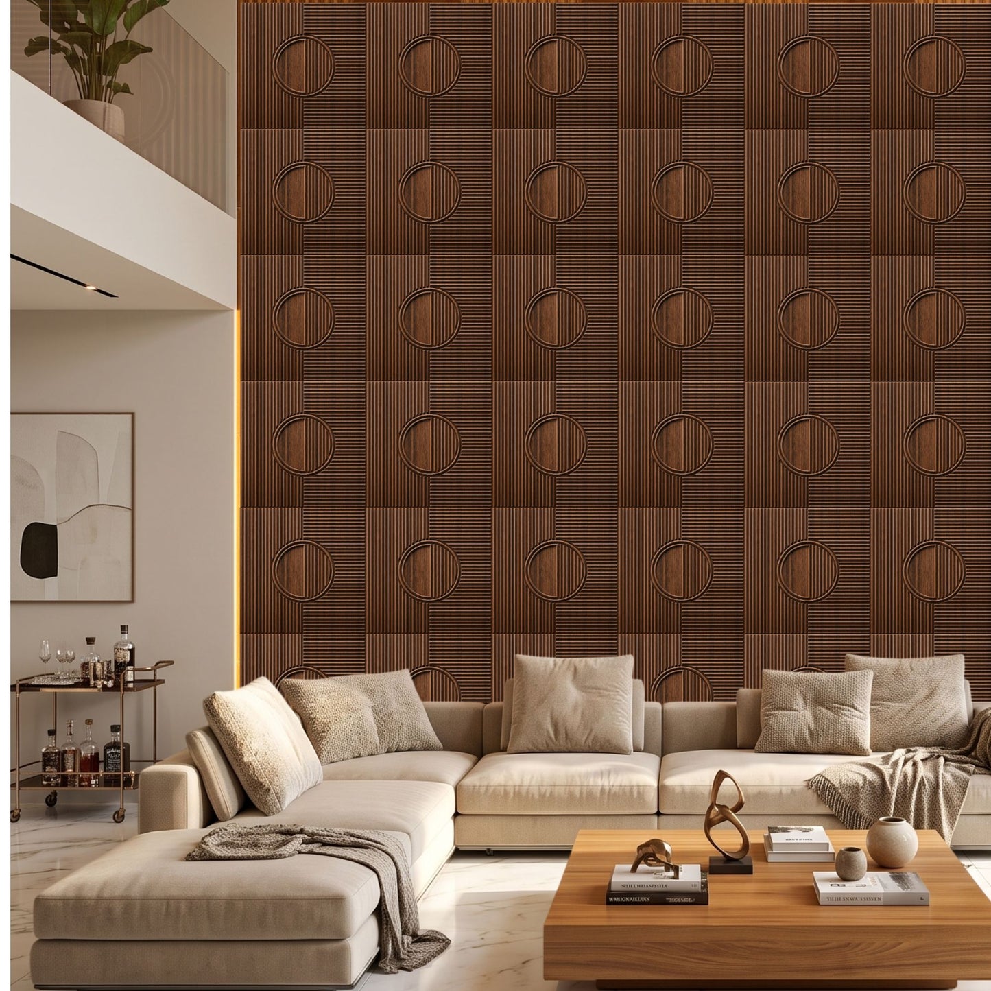Walnut Wood Self Adhesive PVC wall Panels Fluted Circle Design
