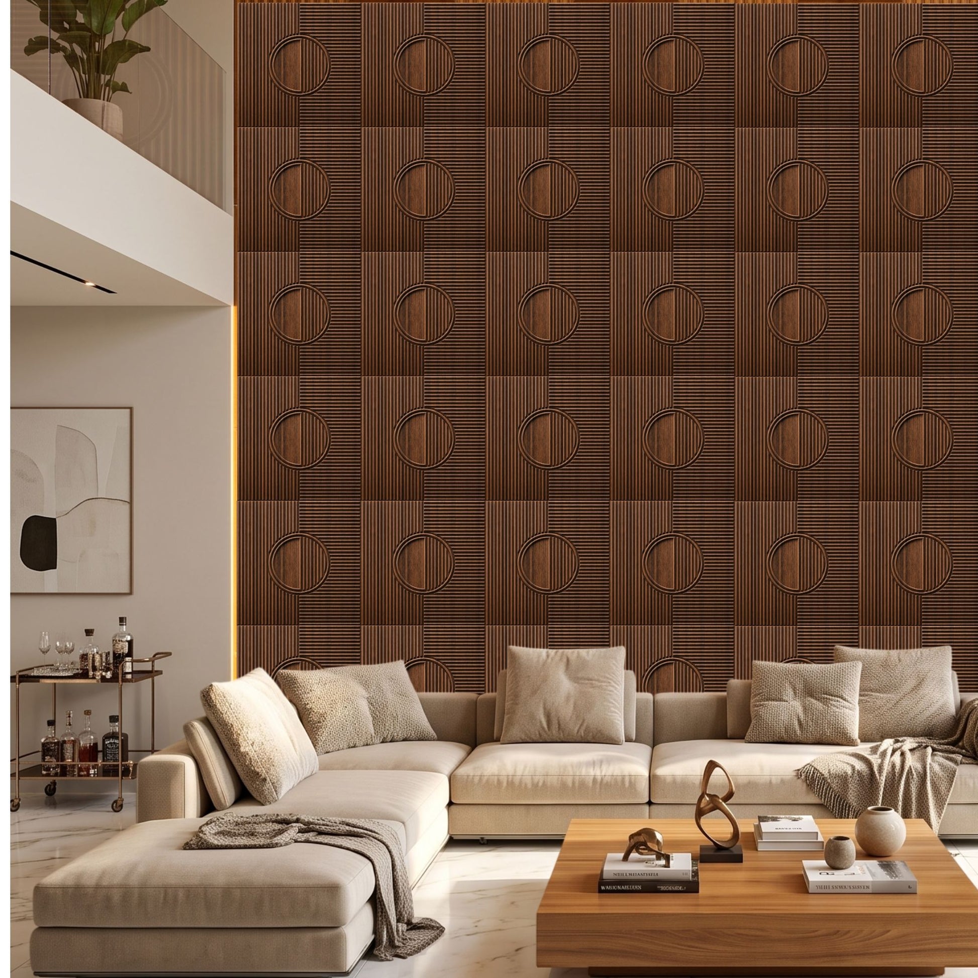 Walnut Wood Self Adhesive PVC wall Panels Fluted Circle Design

