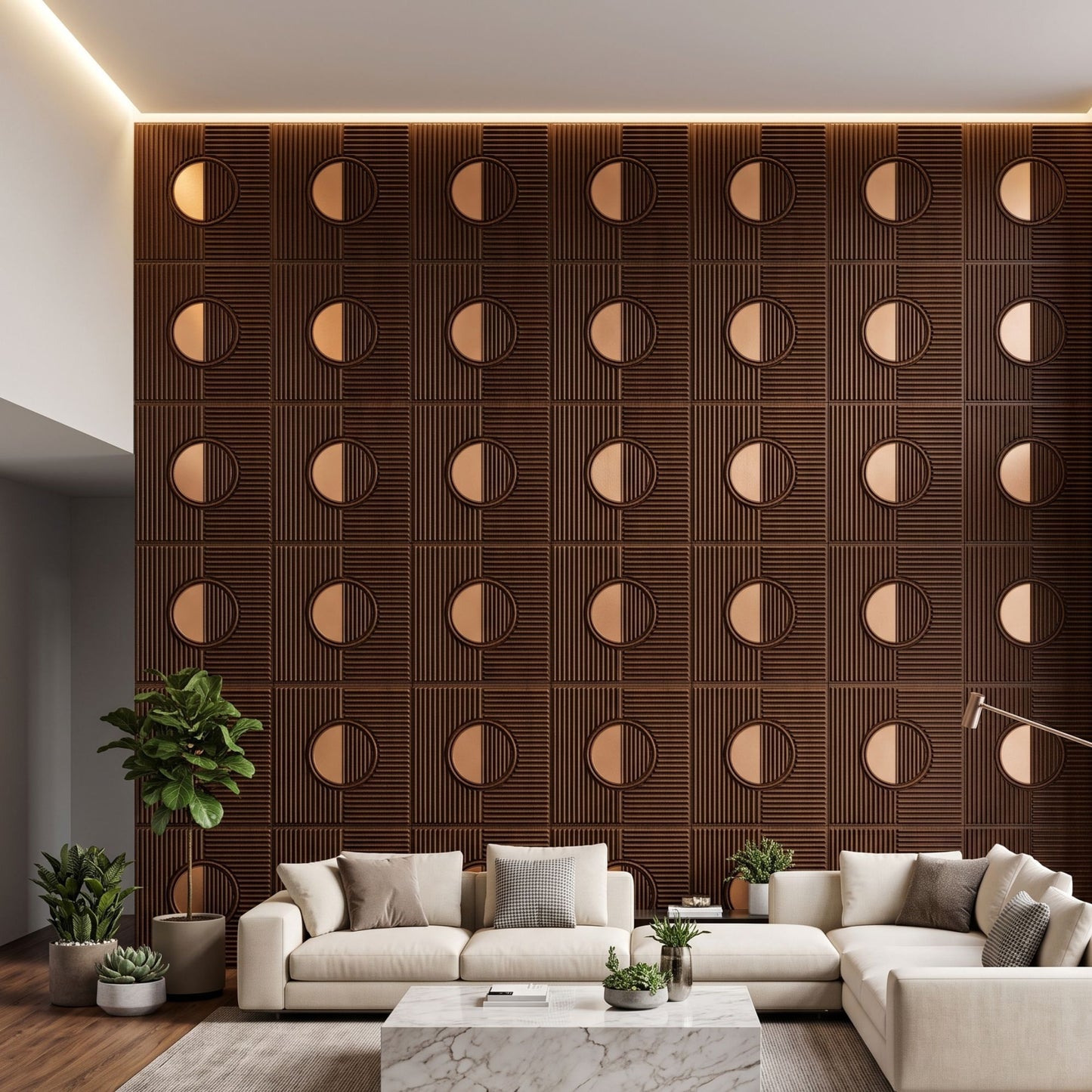 Walnut wood - Copper Self Adhesive PVC wall Panels Fluted Circle Design
