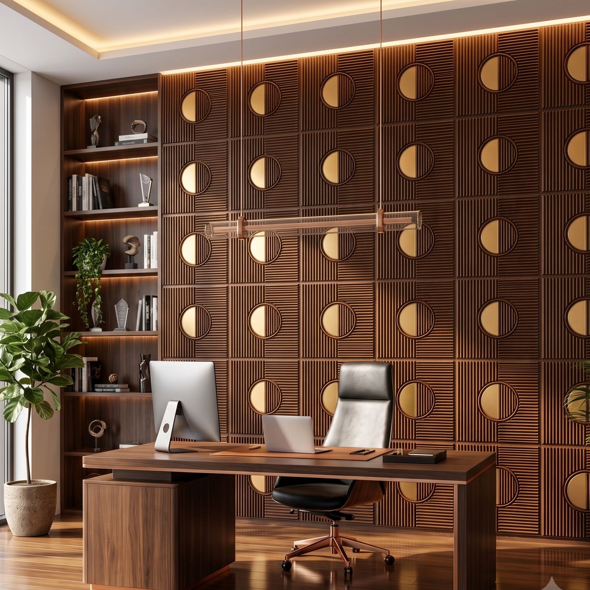 Walnut wood - Copper Self Adhesive PVC wall Panels Fluted Circle Design
