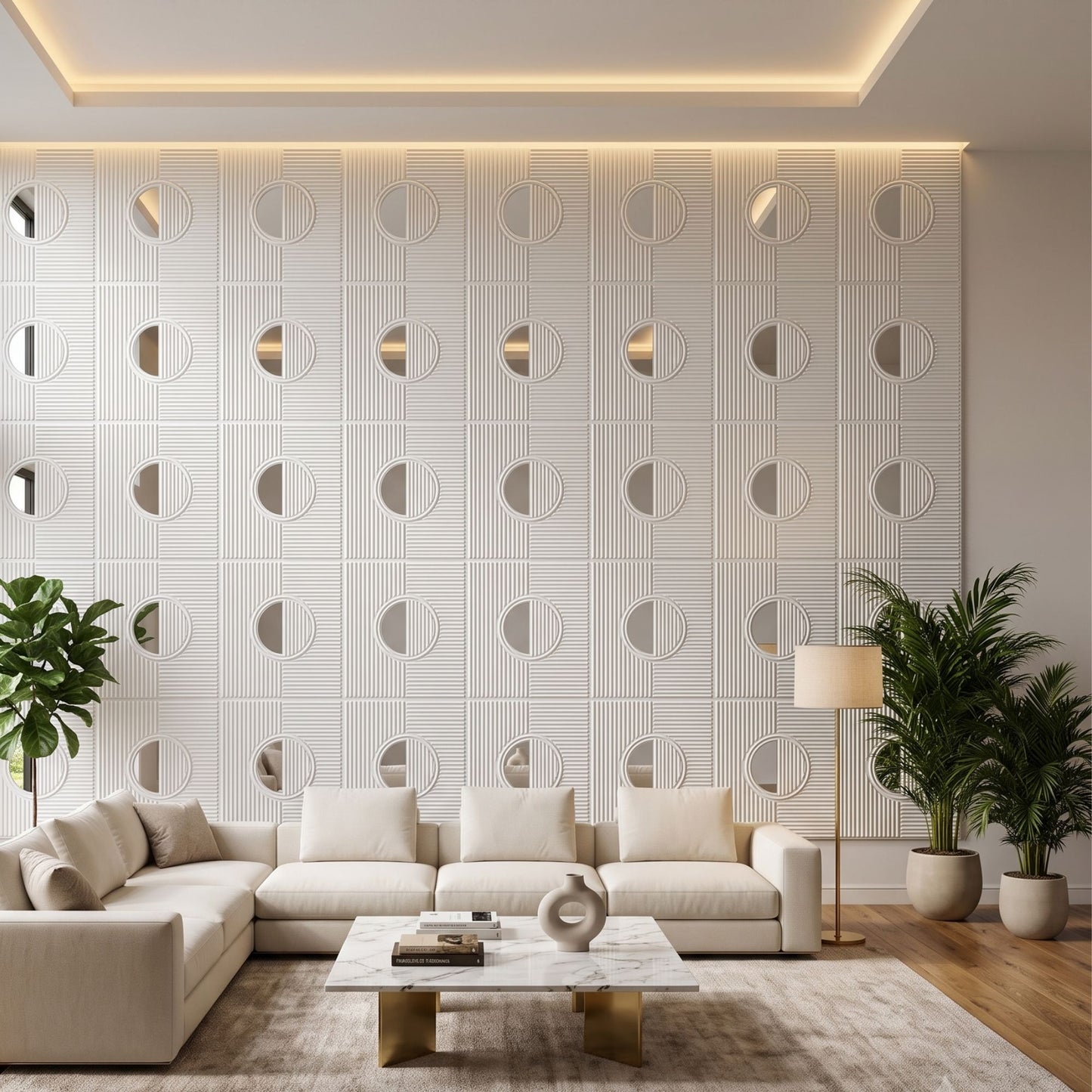 White - Silver Self Adhesive PVC wall Panels Fluted Circle Design
