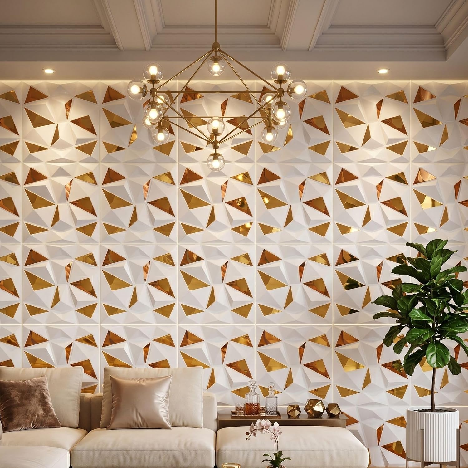 White Gold Mirror 3D Wall Panels Diamond Design