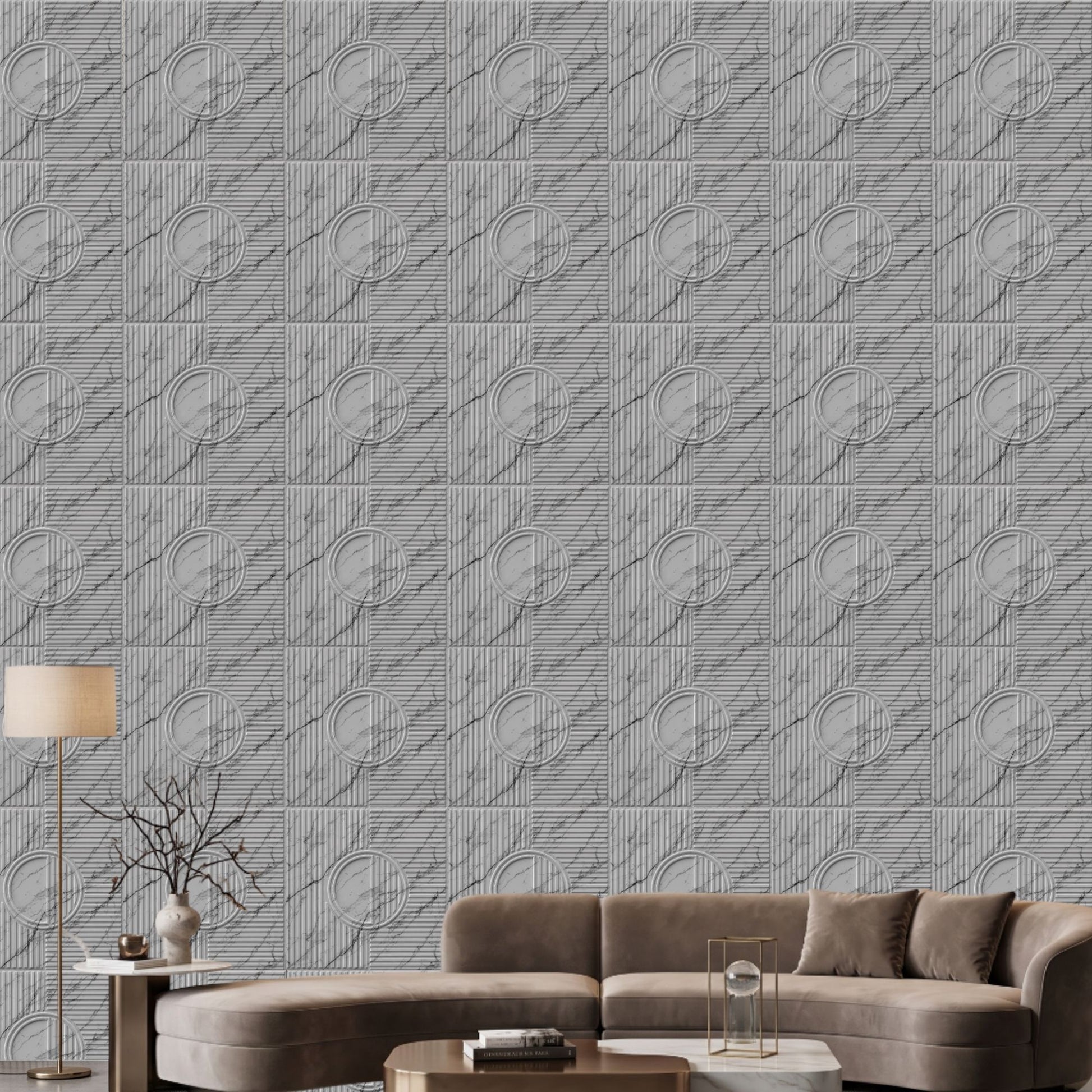 White Marble Self Adhesive PVC wall Panels Fluted Circle Design
