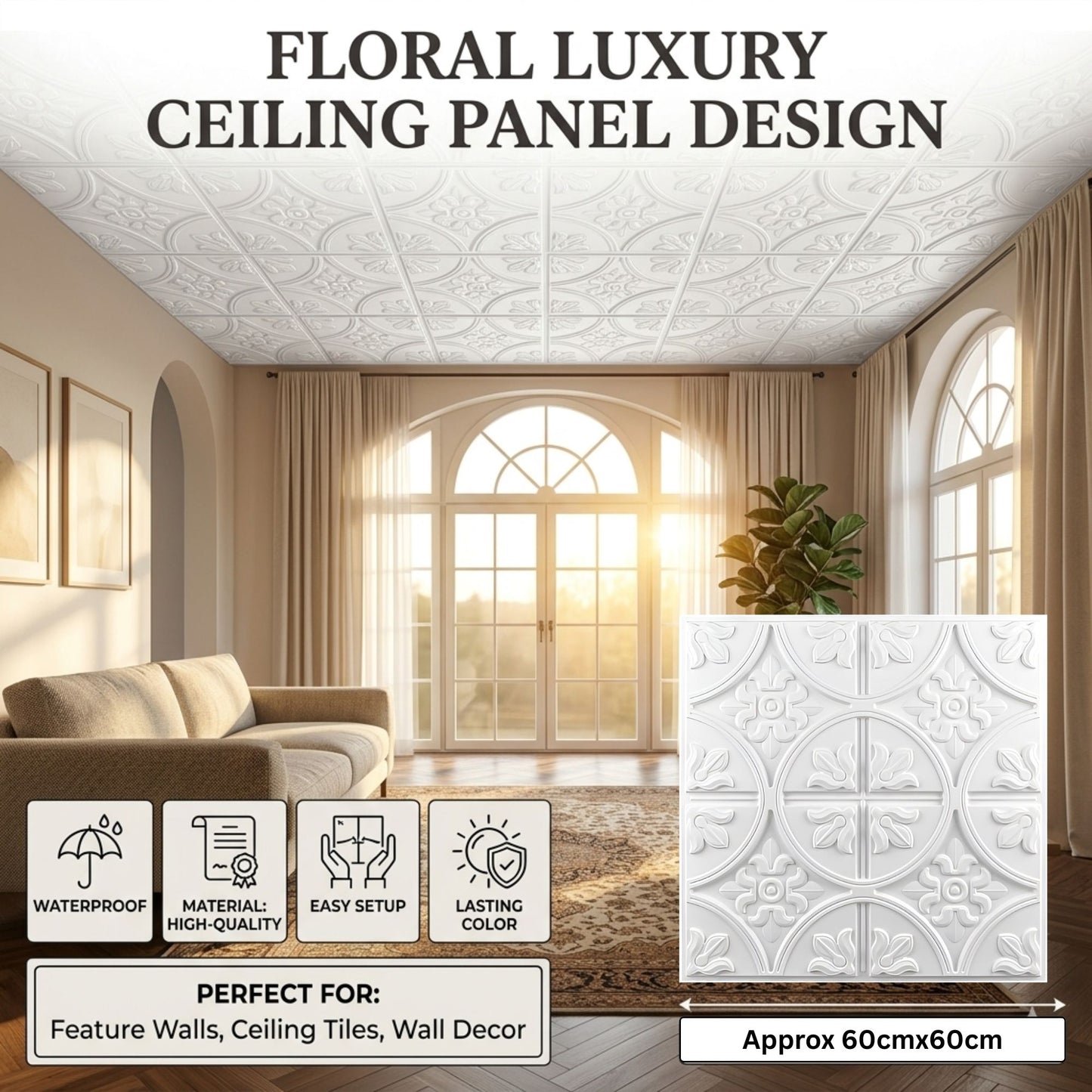 White Ornamental Floral Design 3D PVC Ceiling Panel Features View