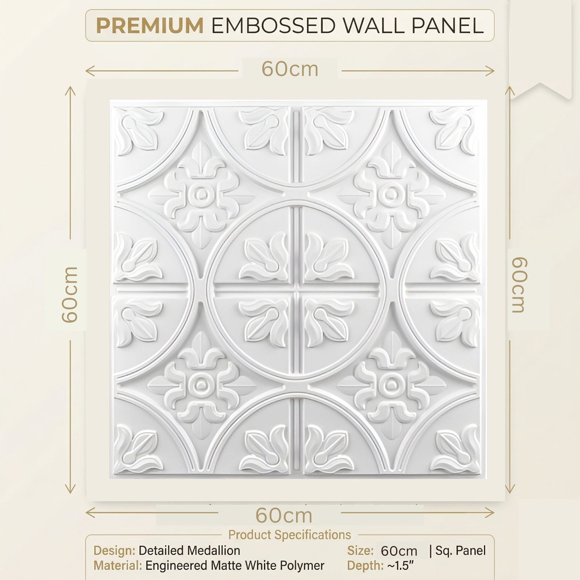 White Ornamental Floral Design 3D PVC Ceiling Panel Measurement View