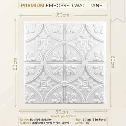 White Ornamental Floral Design 3D PVC Ceiling Panel Measurement View