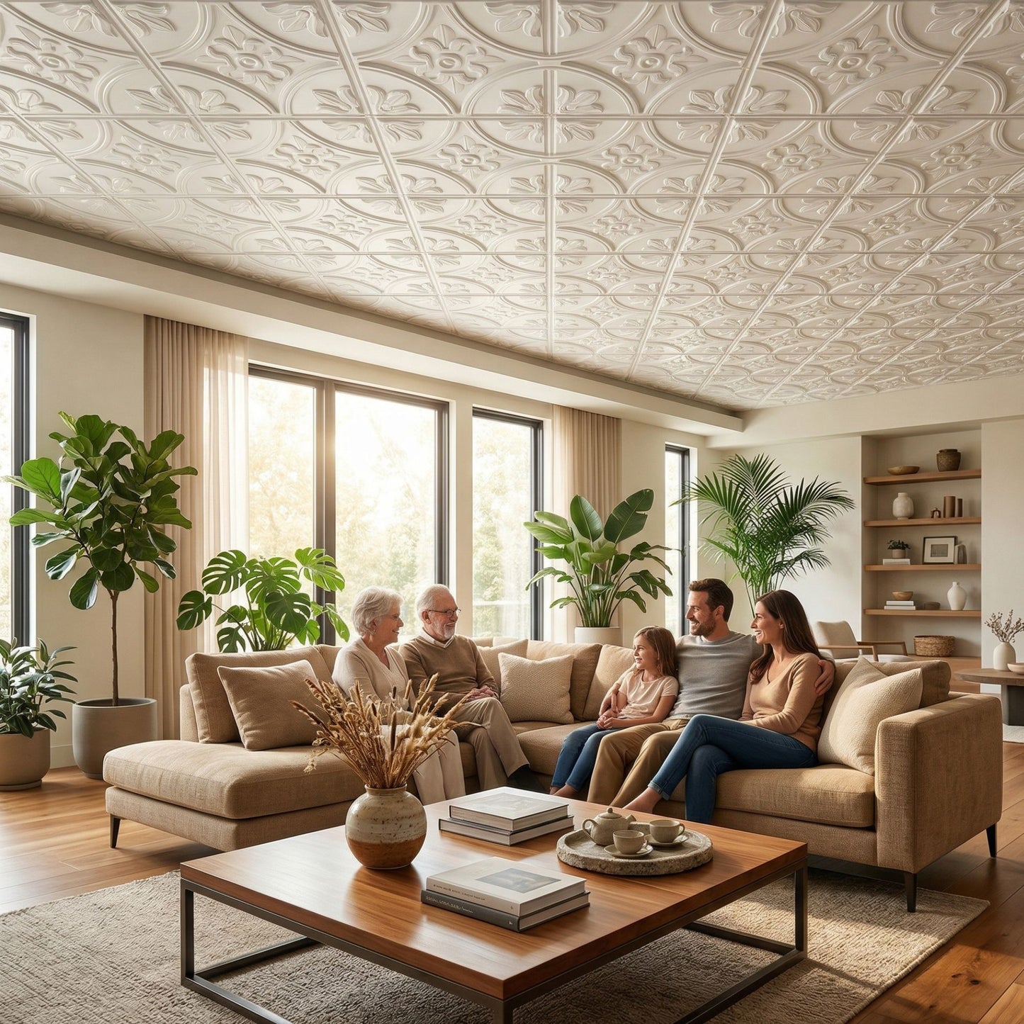 White Ornamental Floral Panel Design 3D PVC Ceiling Living Room  view