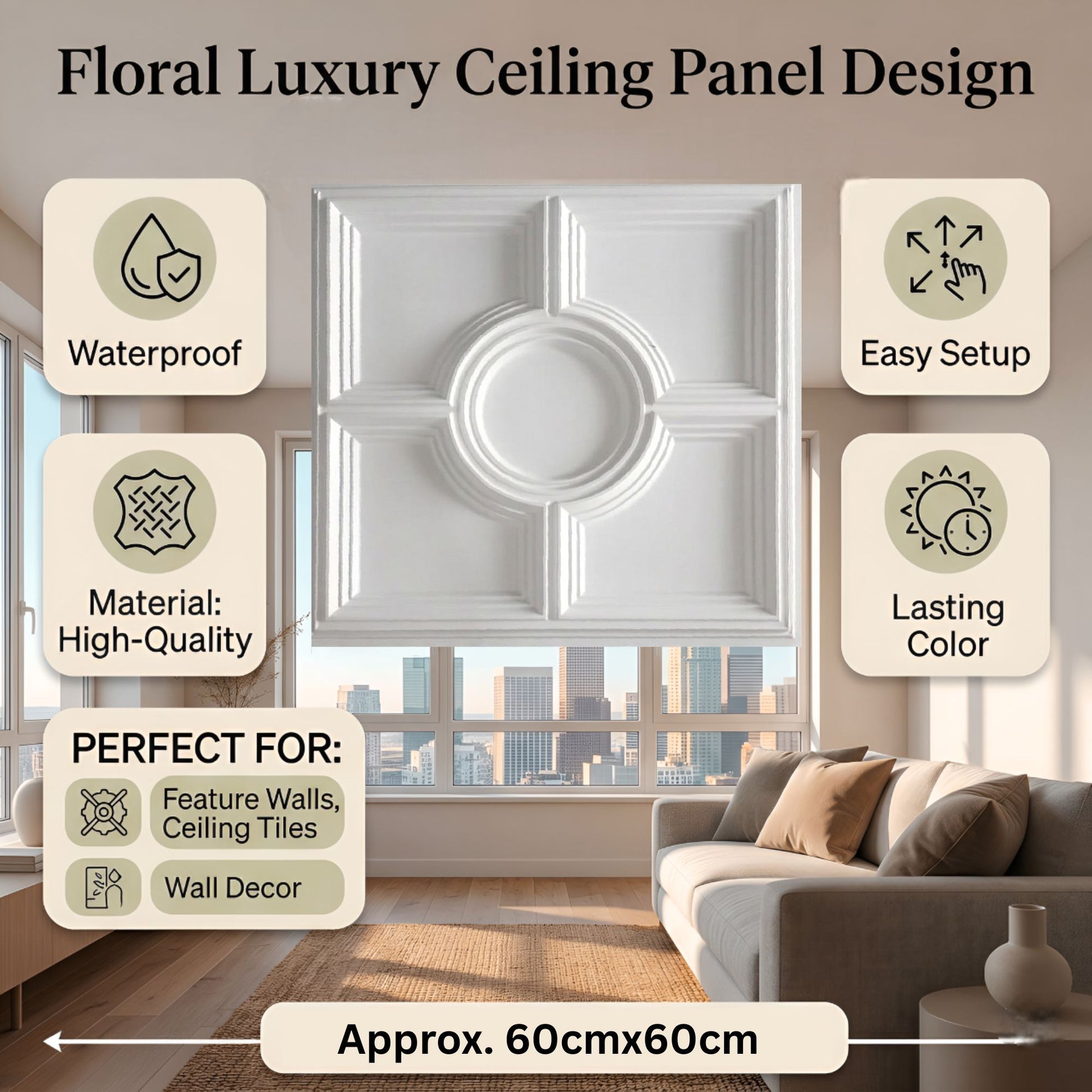 White Regal Medallion Design 3D PVC Ceiling Panel Features View