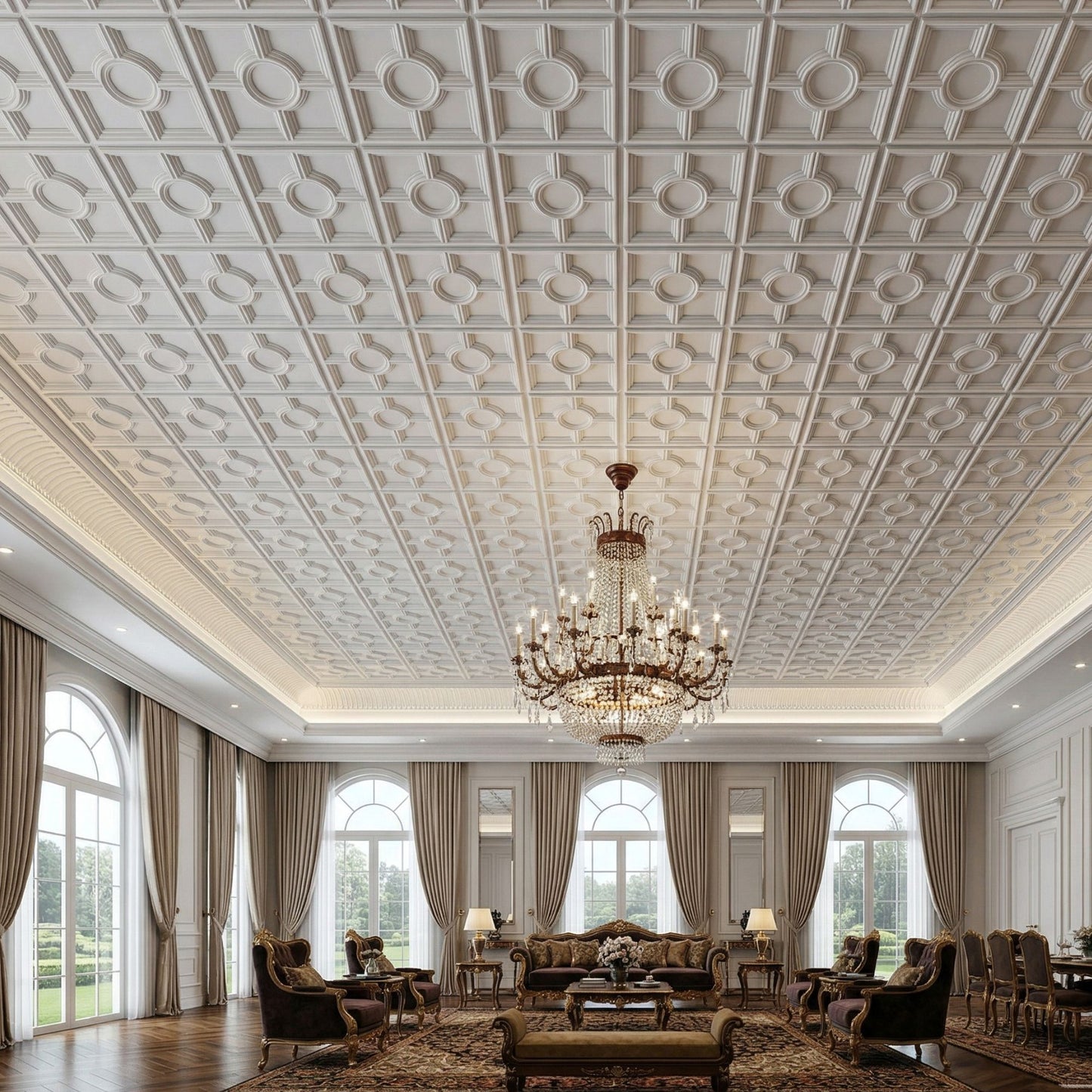 White Regal Medallion Design 3D PVC Ceiling Panel Living Room View