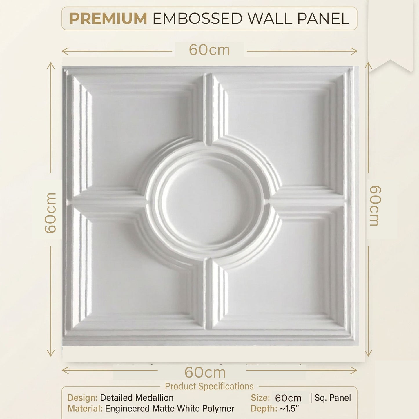 White Regal Medallion Design 3D PVC Ceiling Panel Measurement View