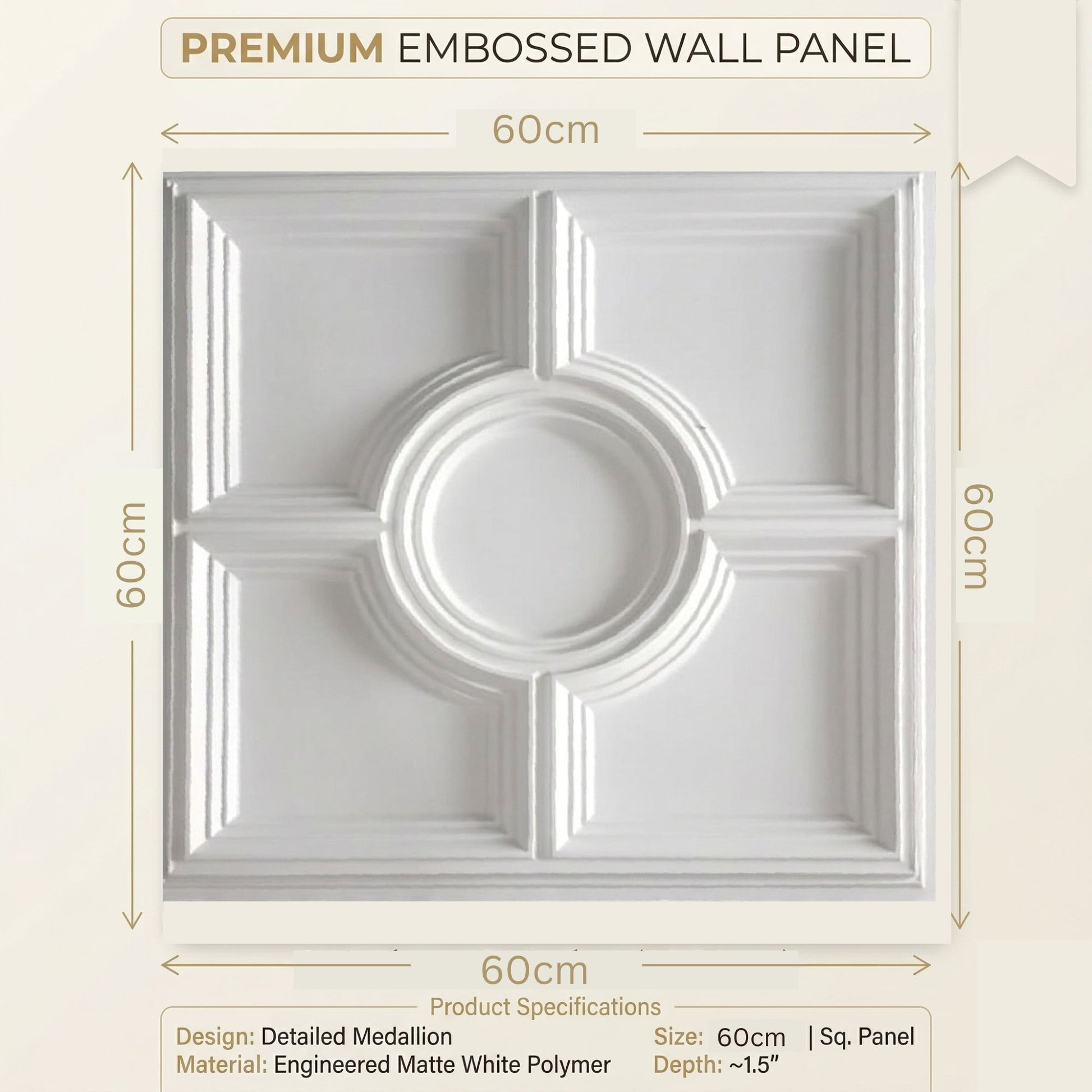 White Regal Medallion Design 3D PVC Ceiling Panel Measurement View