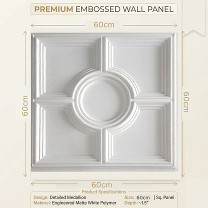White Regal Medallion Design 3D PVC Ceiling Panel Measurement View