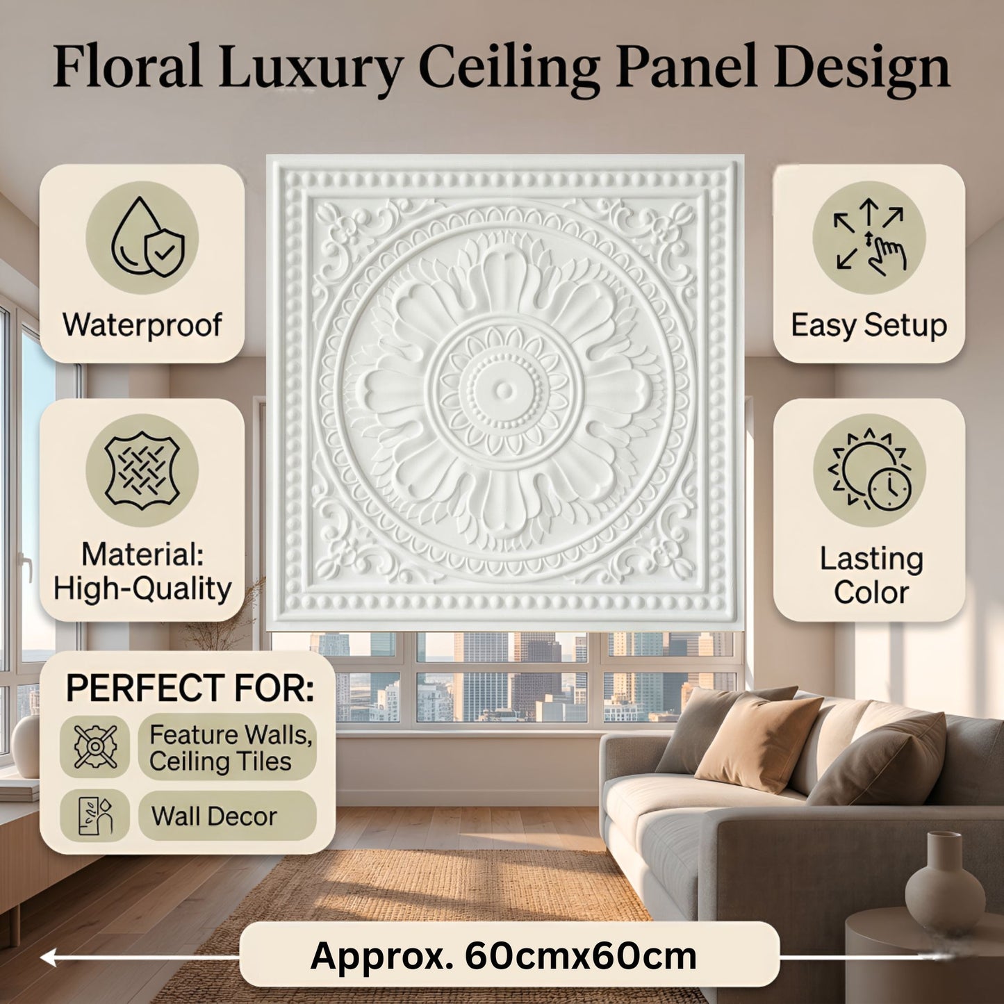 White Regal Ornate Design 3D PVC Ceiling Panel Features View