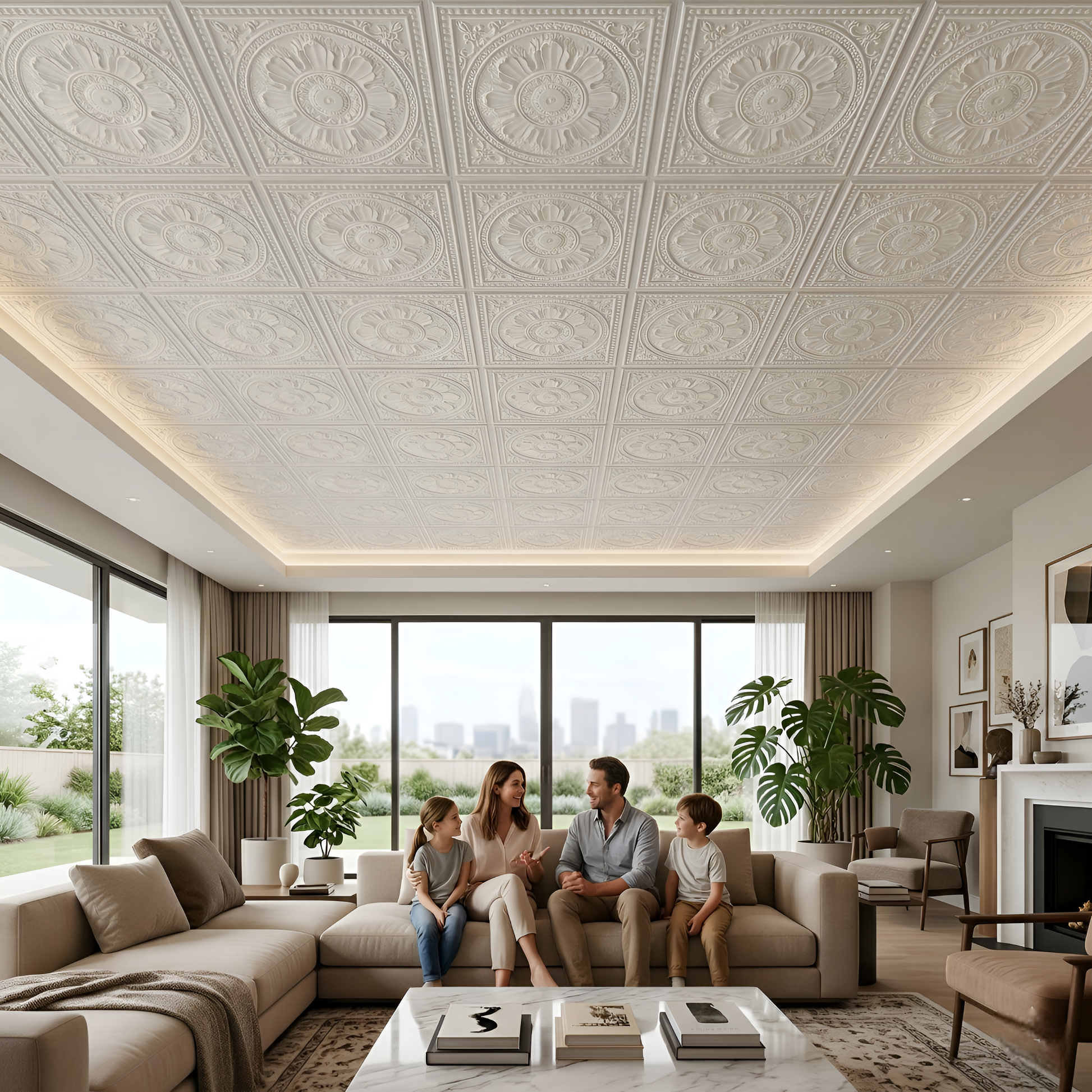 White Regal Ornate Design 3D PVC Ceiling Panel Living Room View