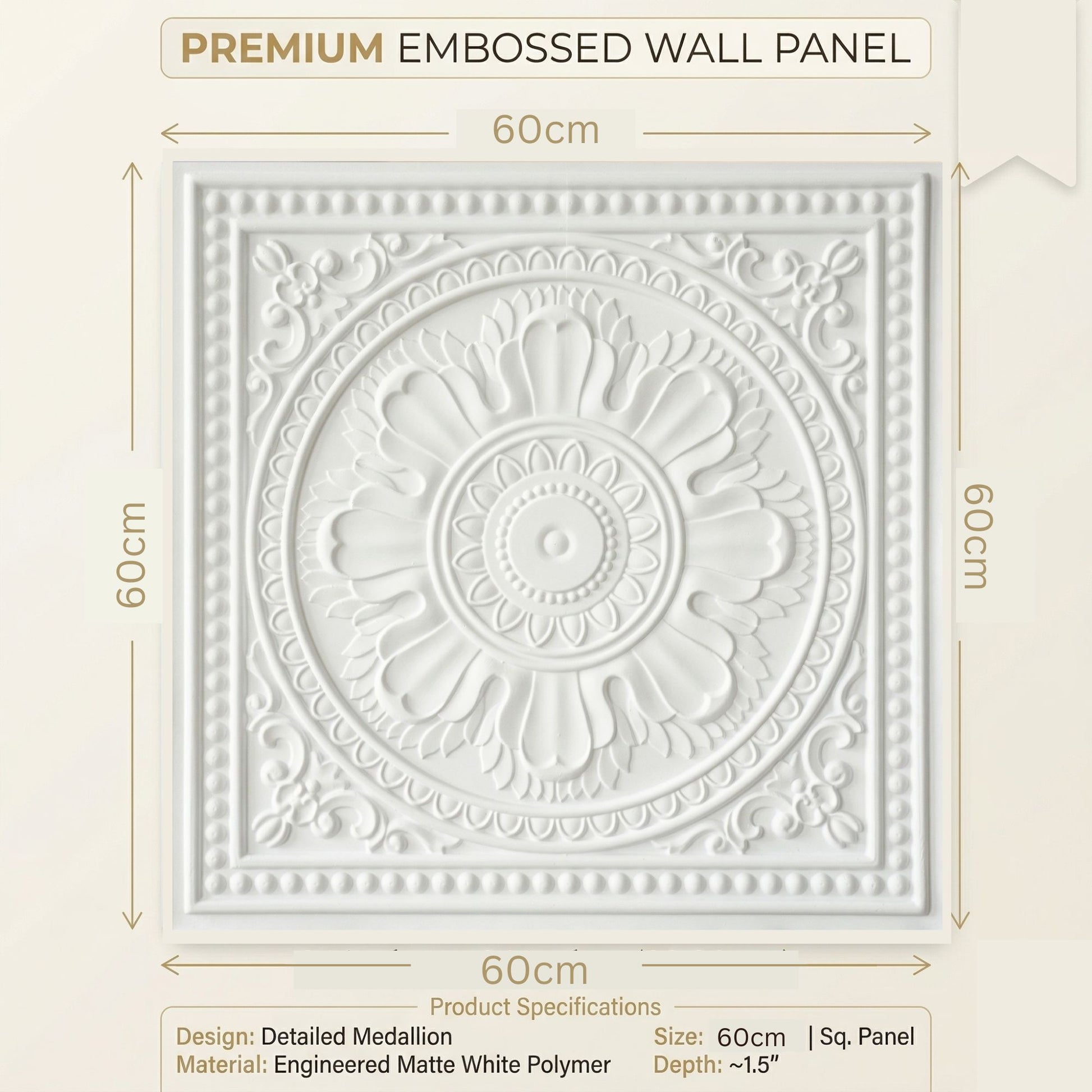 White Regal Ornate Design 3D PVC Ceiling Panel Measurement View