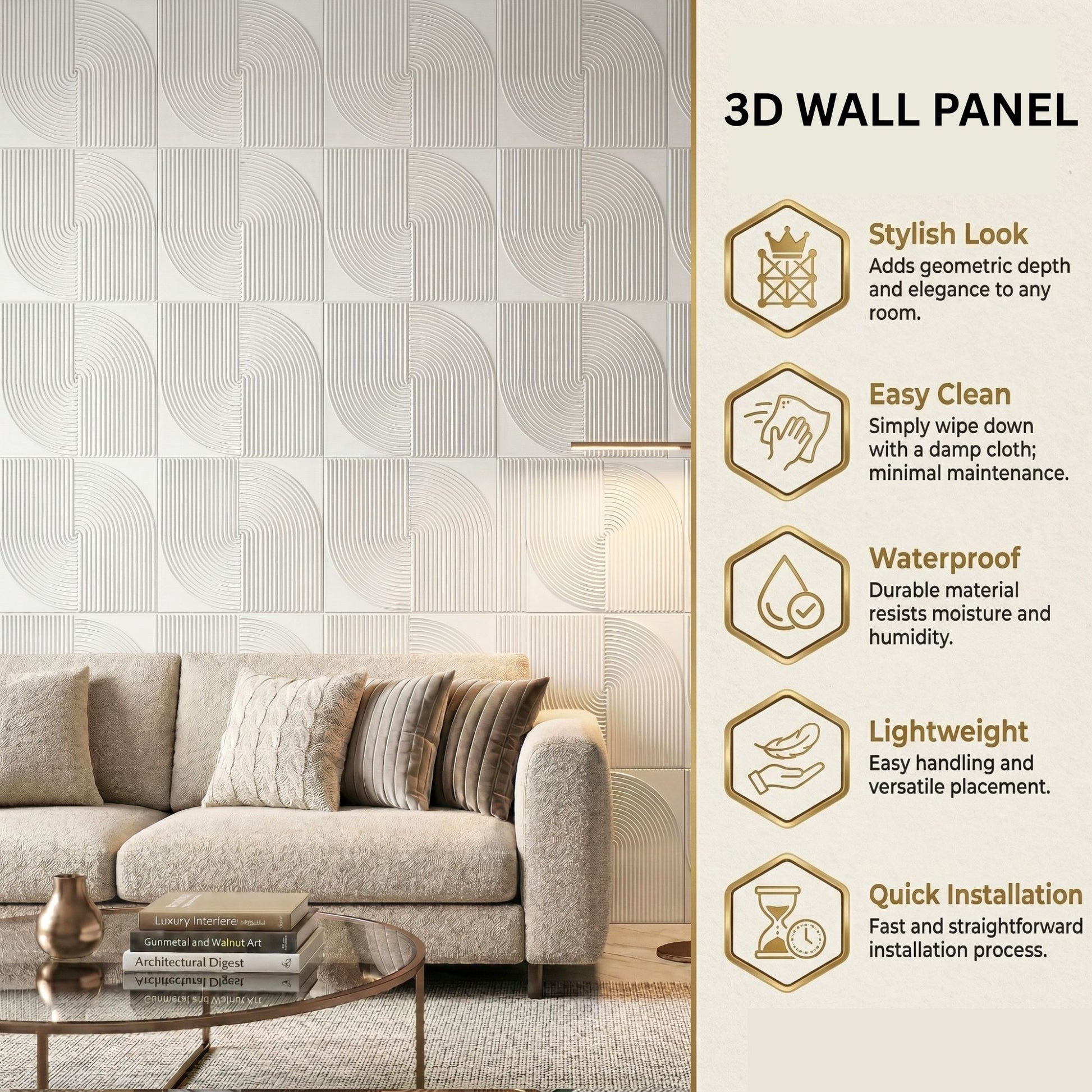 White Self Adhesive 3D Panels Curve Design