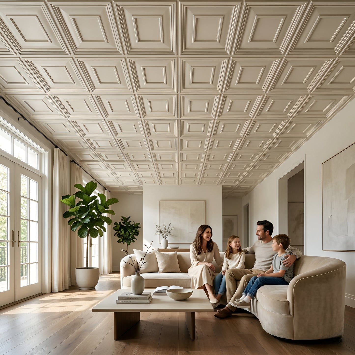 White Square Design 3D PVC Ceiling Panel Living Room View