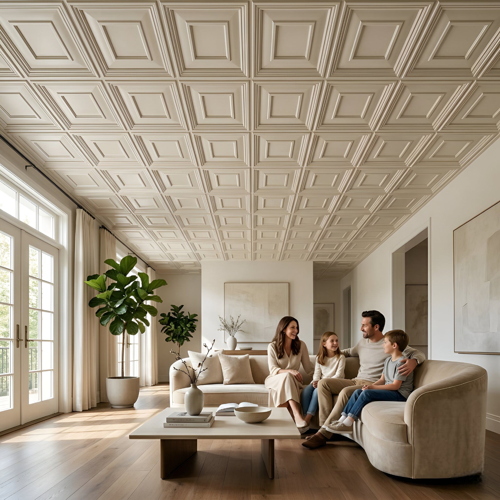 White Square Design 3D PVC Ceiling Panel Living Room View