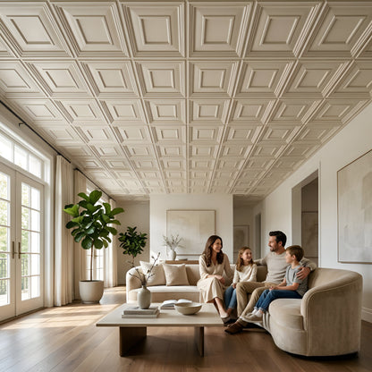 White Square Design 3D PVC Ceiling Panel Living Room View
