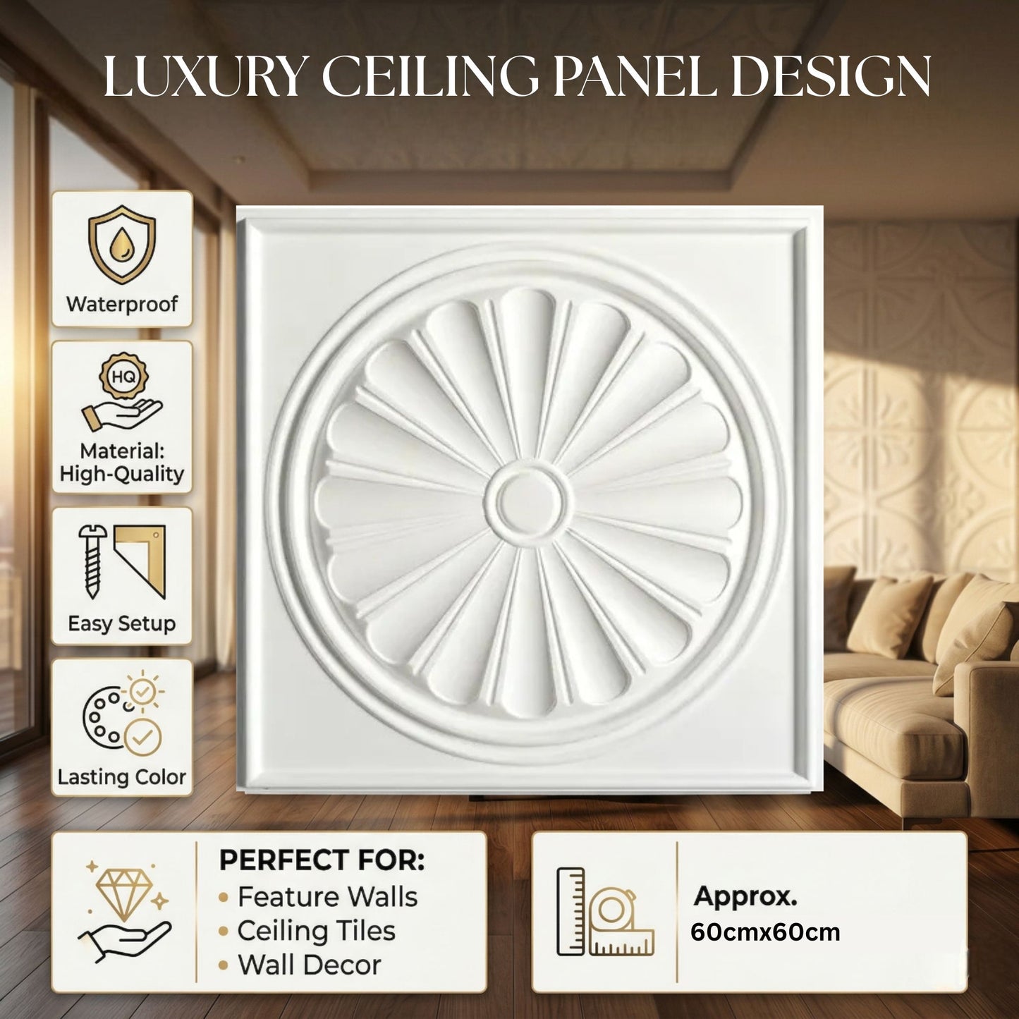 White Sunburst Design 3D PVC Ceiling Panel Features View