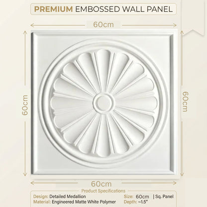 White Sunburst Design 3D PVC Ceiling Panel Measurement View