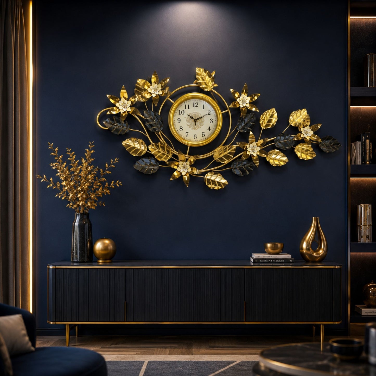 Wide decorative metal wall clock featuring gold and dark leaves, floral accents, and a central round gold dial.